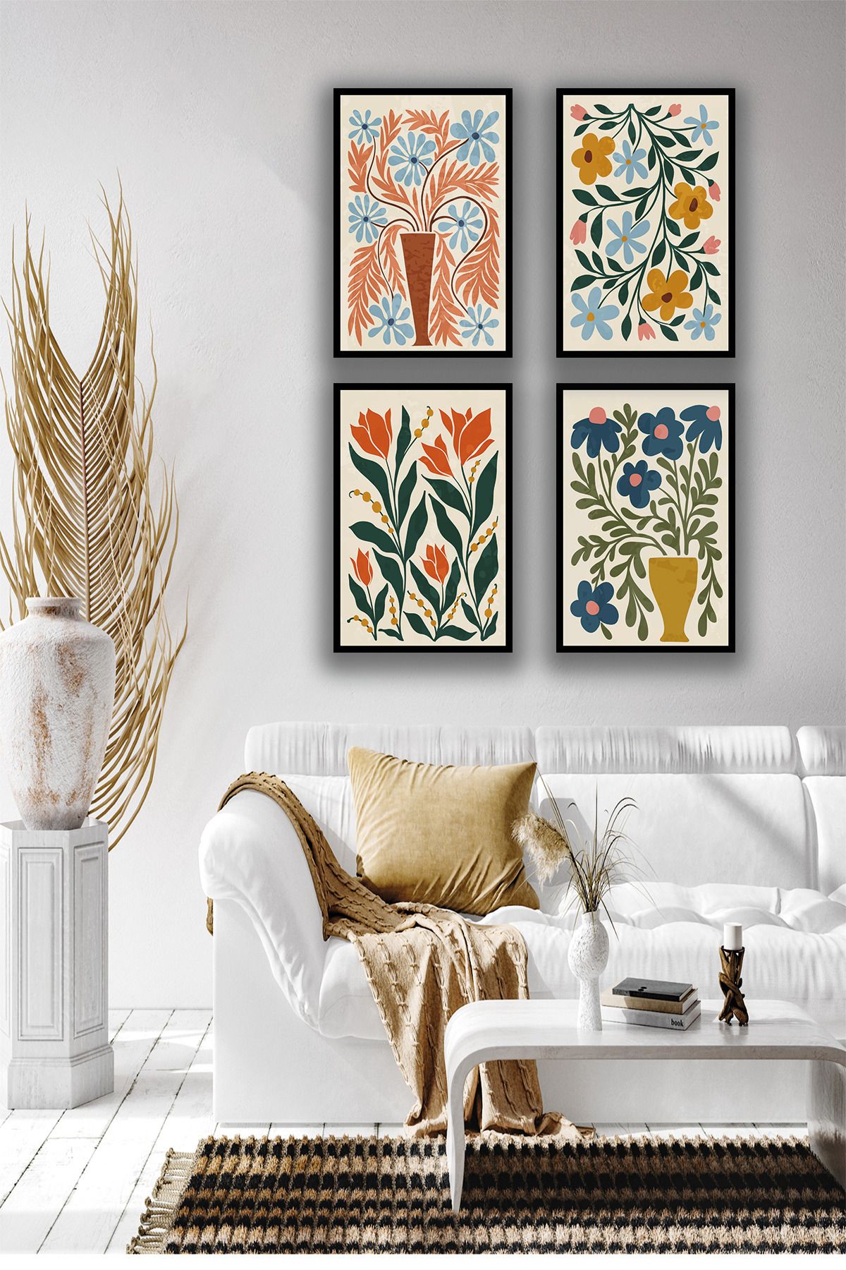 dekor artı Modern Vintage Duvar Tablosu Bohem Tarzı Çiçek ve Yapraklar 4 Parça Ahşap Çerçeve Görünümlü