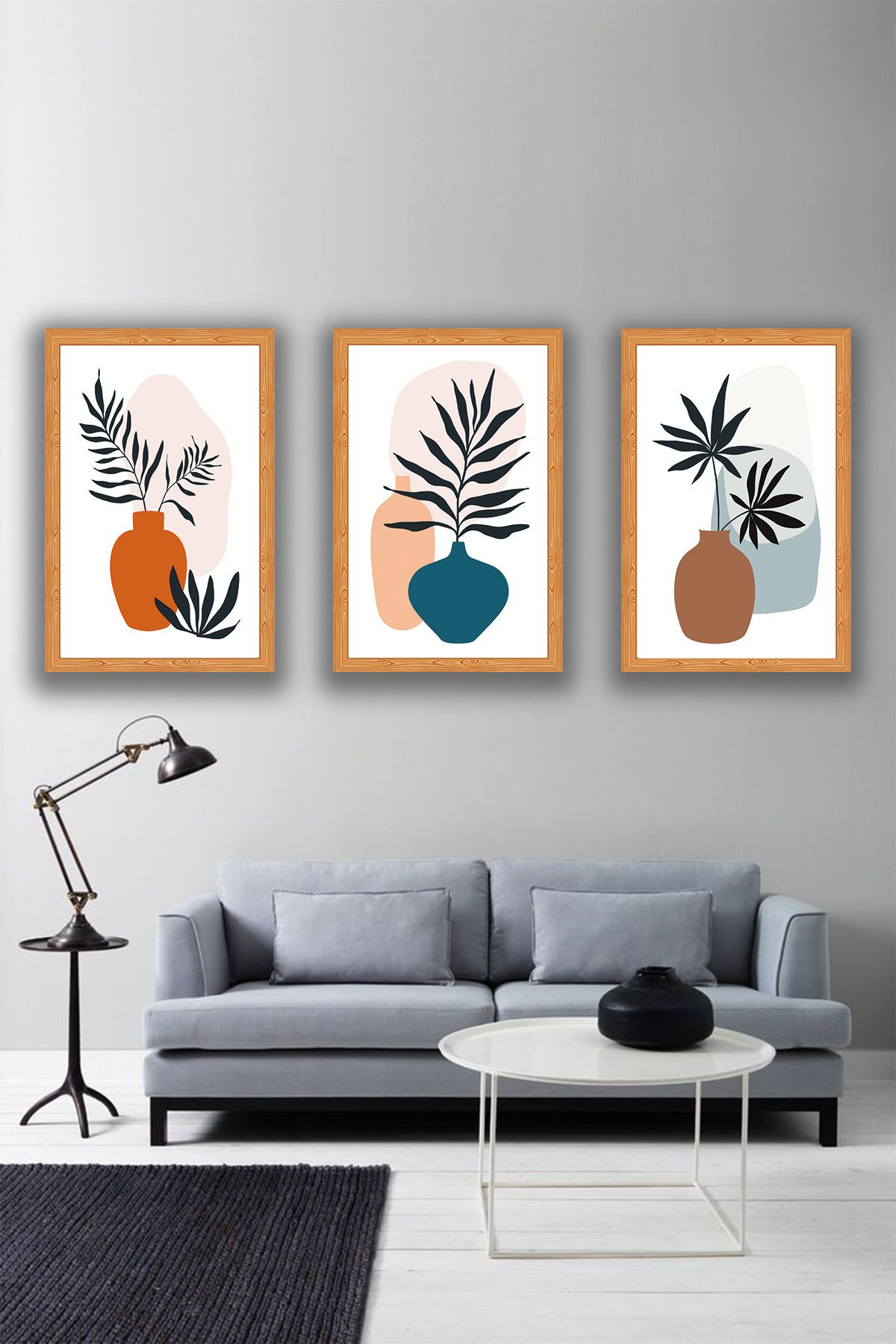dekor artı Minimalist Vazo ve Bitki Tablosu 3 Parça Ahşap MDF UV Baskı Çerçeve Görünümlü