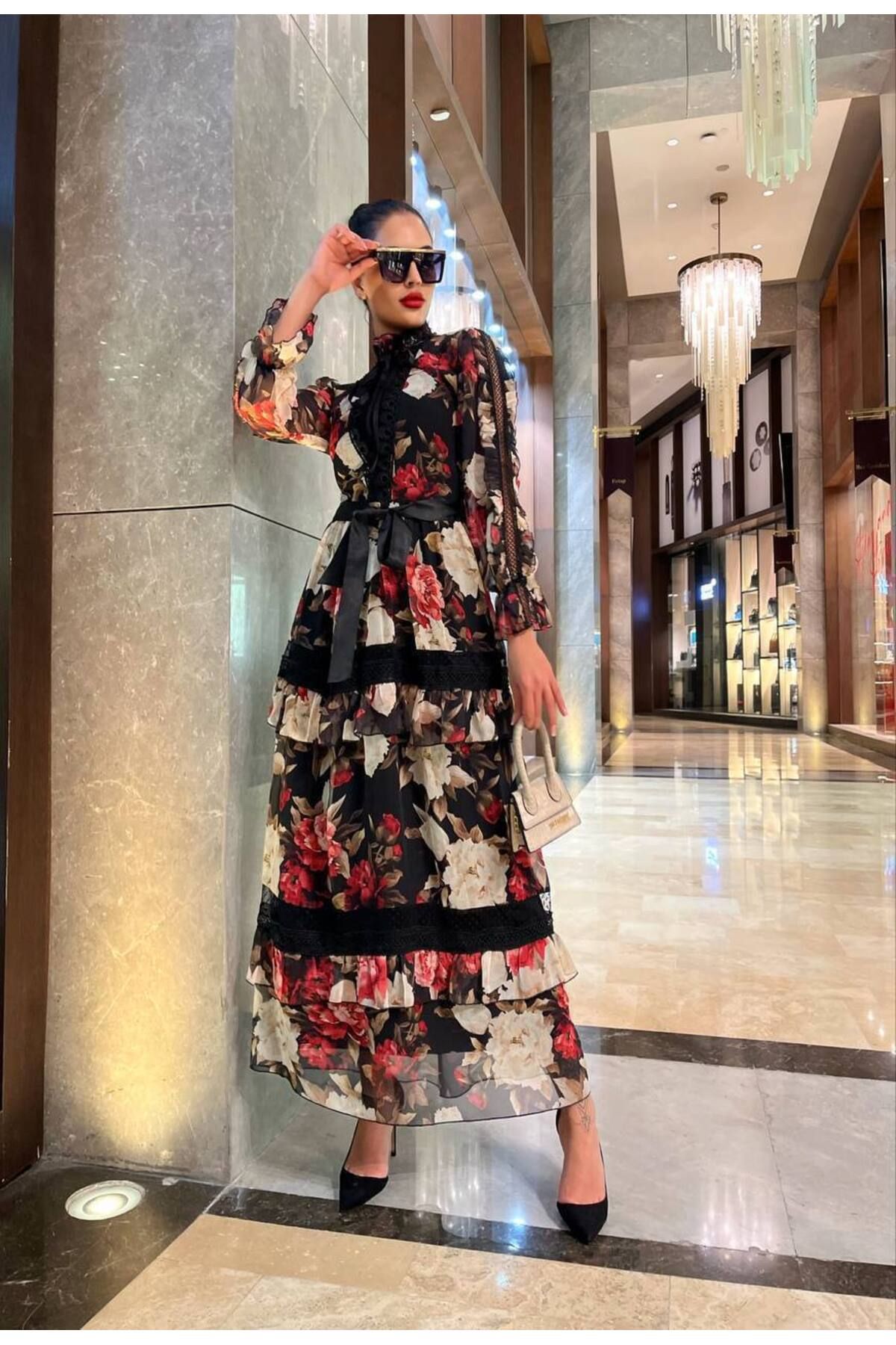 Castivo Fashion Çiçek Desenli Fırfır Detaylı Dantel Garnili Şifon Uzun Elbise
