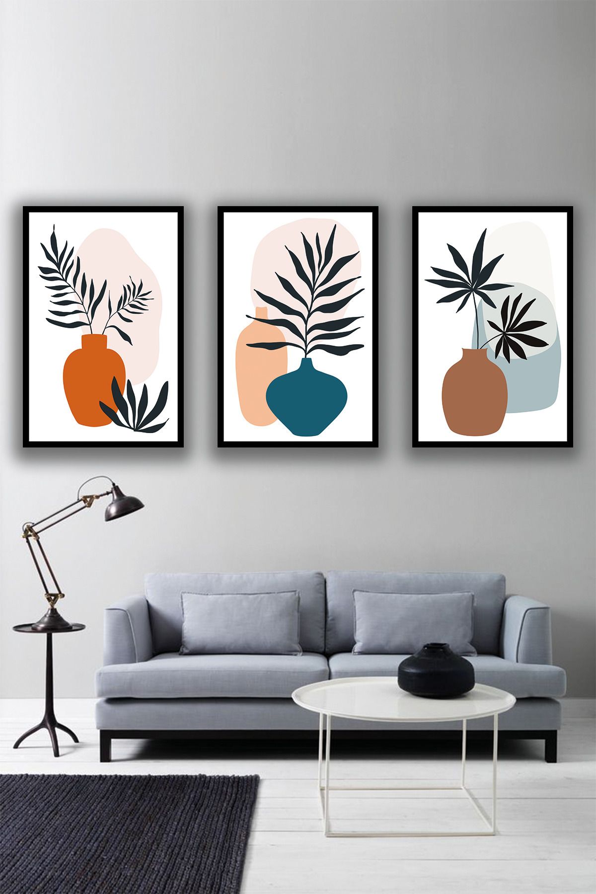 dekor artı Minimalist Vazo ve Bitki Tablosu 3 Parça Ahşap MDF UV Baskı Çerçeve Görünümlü