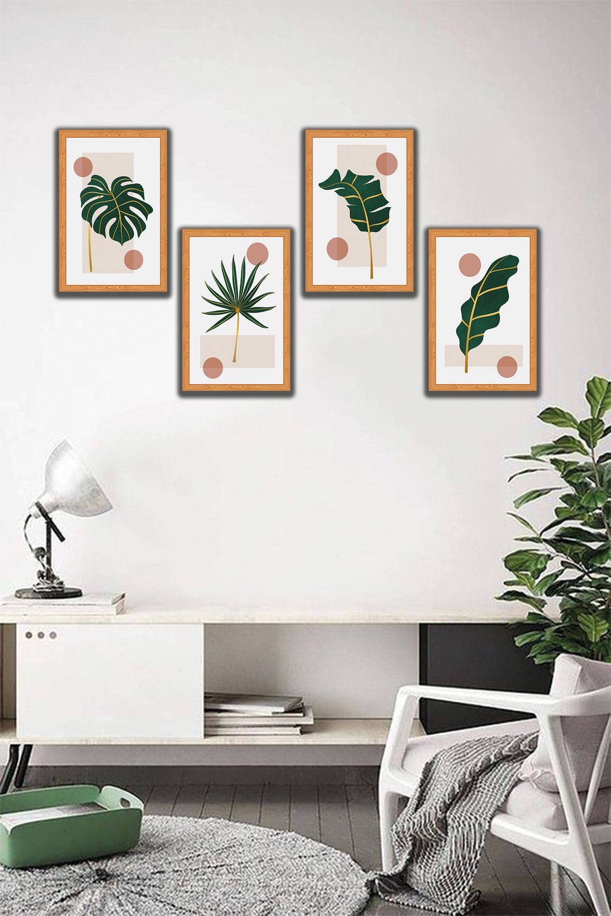 dekor artı Yapraklı Çizgi Sanatı Dekoratif Tablo Altın Desenli Çerçeve Görünümlü 4 Parça MDF UV Baskı