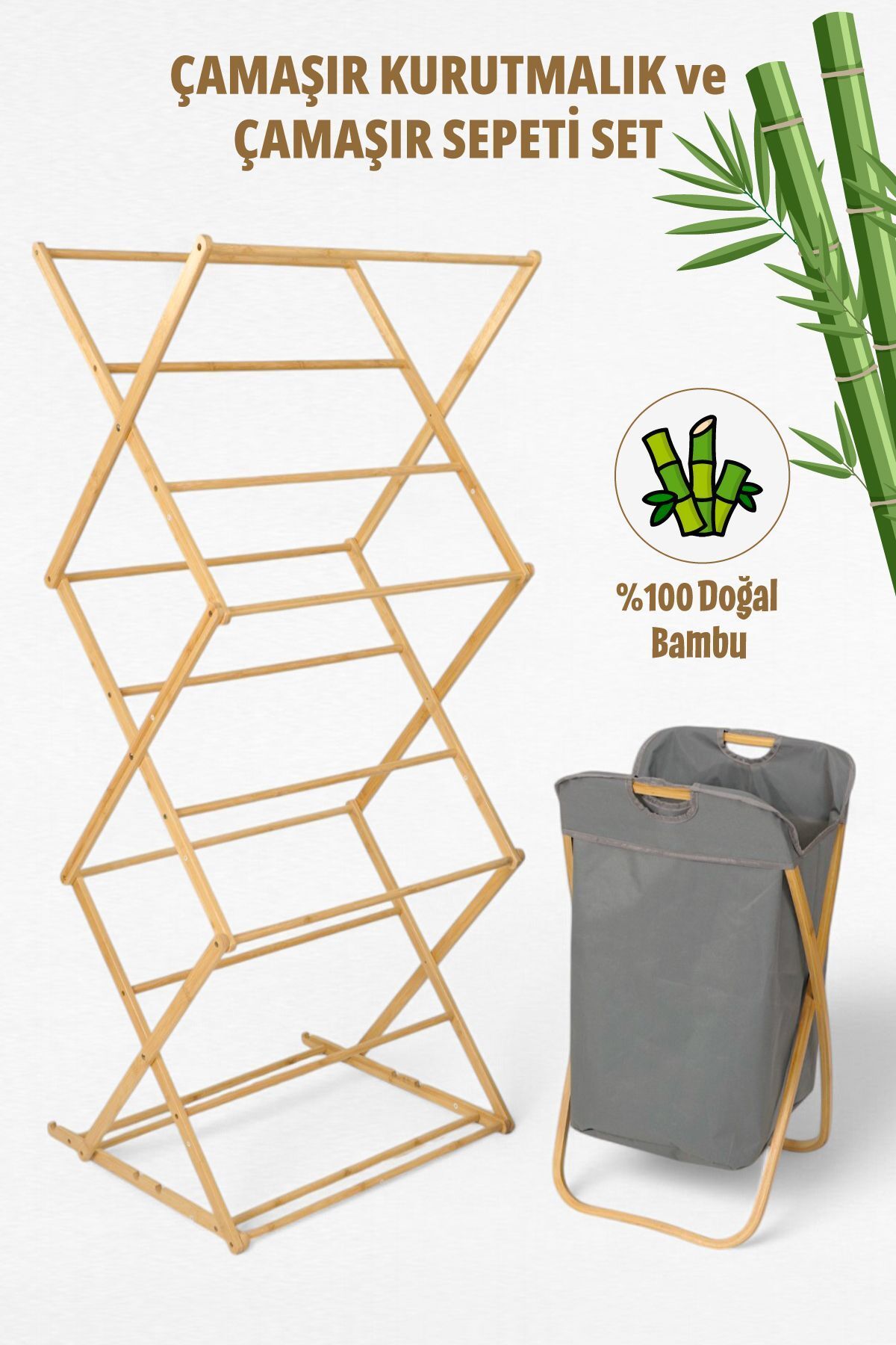 teknotrust İronika Bambu Çamaşır Kurutmalık Bambu Kirli Sepeti 2li Banyo Seti