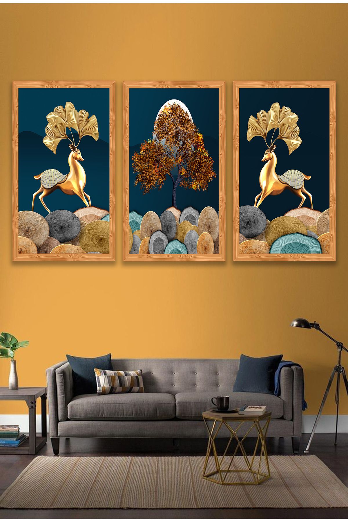 dekor artı Salon Tablo 3 Parça Ay ve Geyik Çerçeve Görünümlü