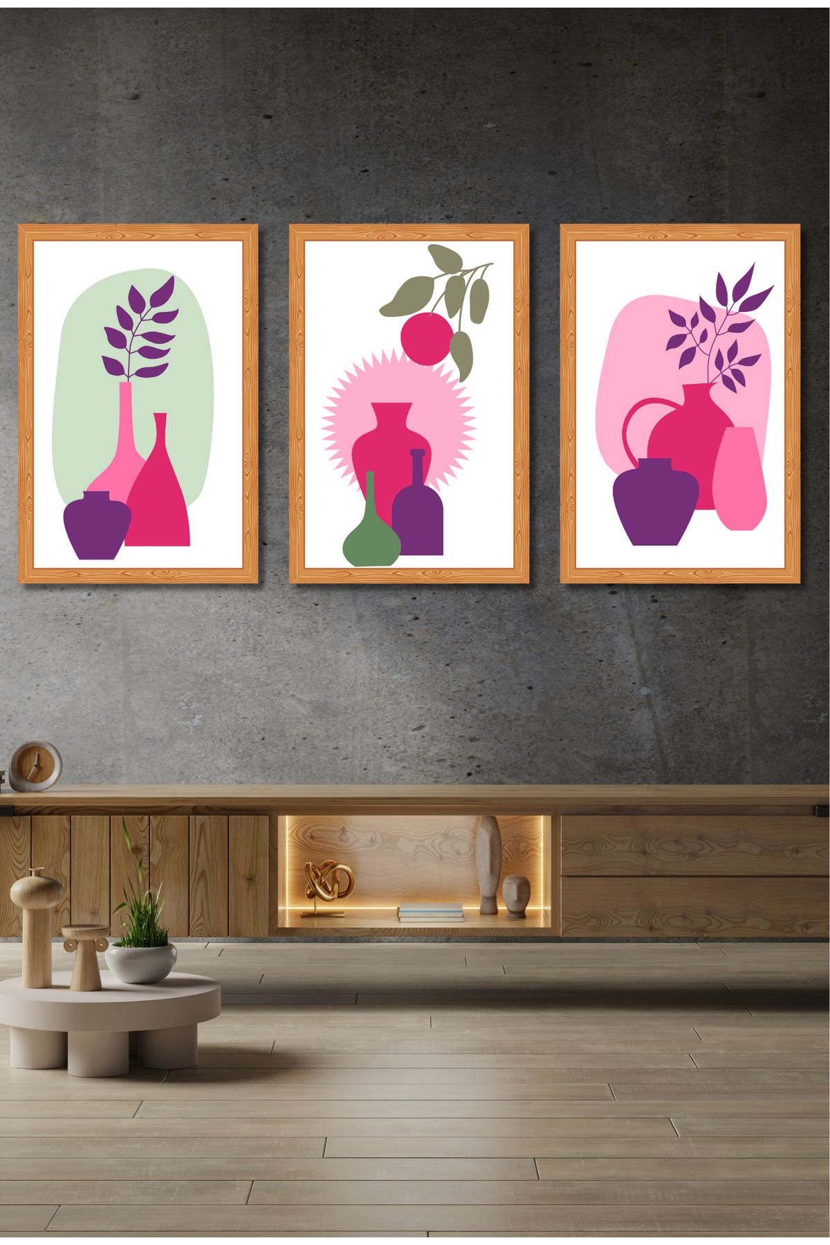 dekor artı Pembe Vazo Salon Tablosu Çerçeçeve Görünümlü 3 Parça
