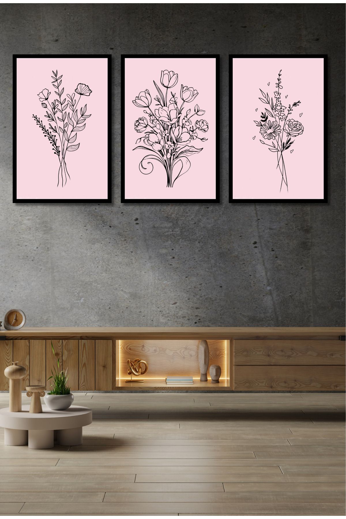dekor artı Minimalist Çiçek Tablo Seti Çerçeve Görünümlü 3 Parça