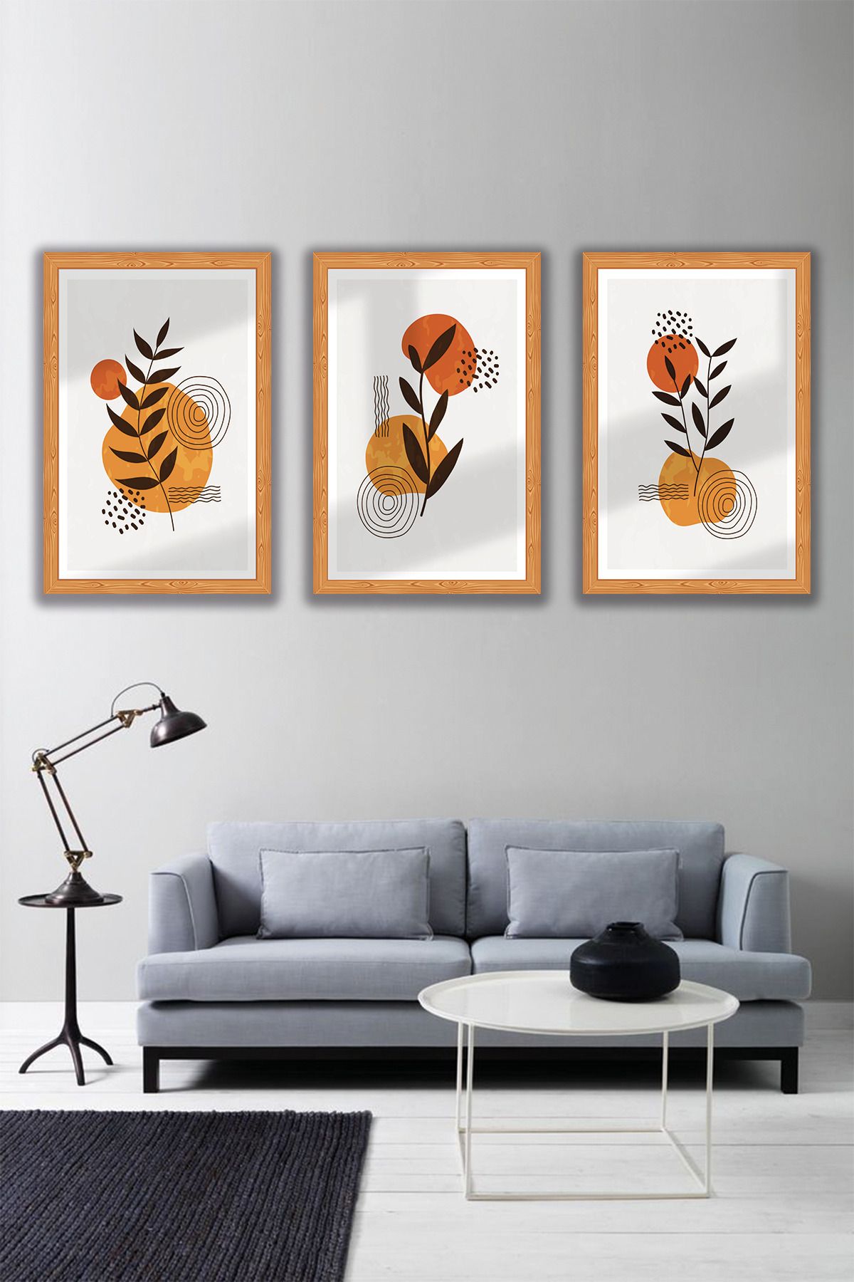 dekor artı 3 Parça Minimalist Salon Tablo Seti Çerçeve Görünümlü Ahşap MDF Baskı