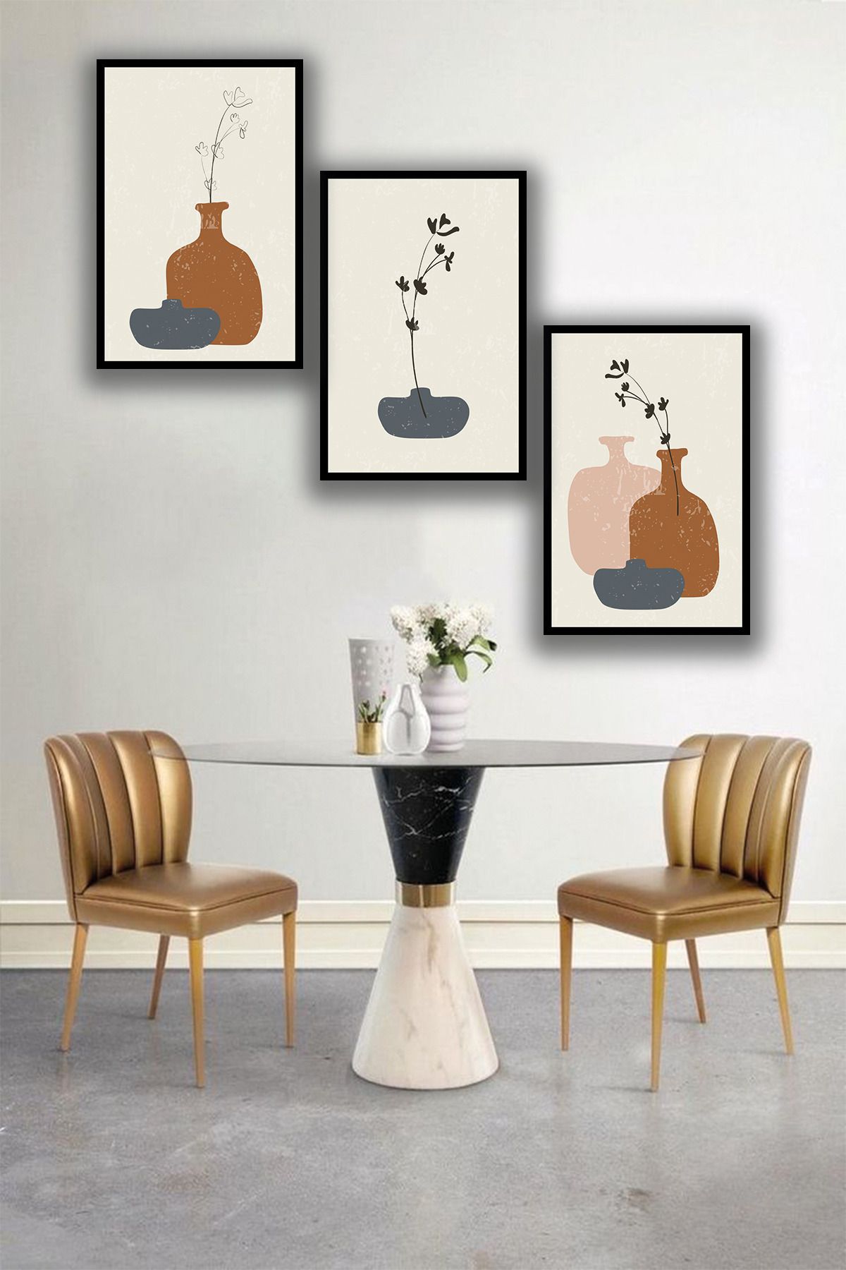 dekor artı Soyut Vazo Çizimi Minimalist Ahşap MDF Tablo Seti 3 Parça Çerçeve Görünümlü