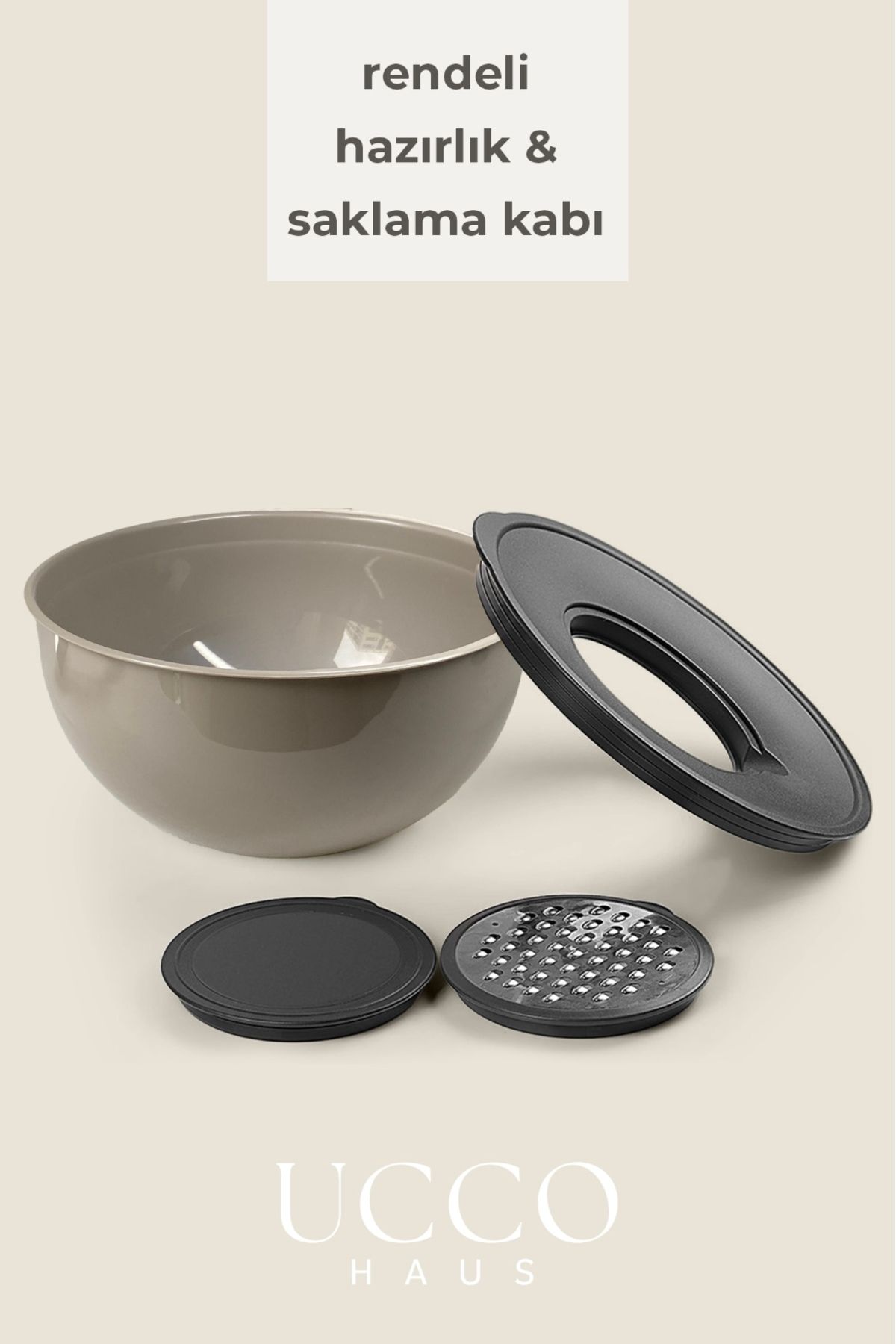 UCCO Rendeli Hazırlık ve Saklama Kabı - 24 cm - 4 Parça Kırılmaz Plastik, Çelik Rende Kapaklı Kase Seti
