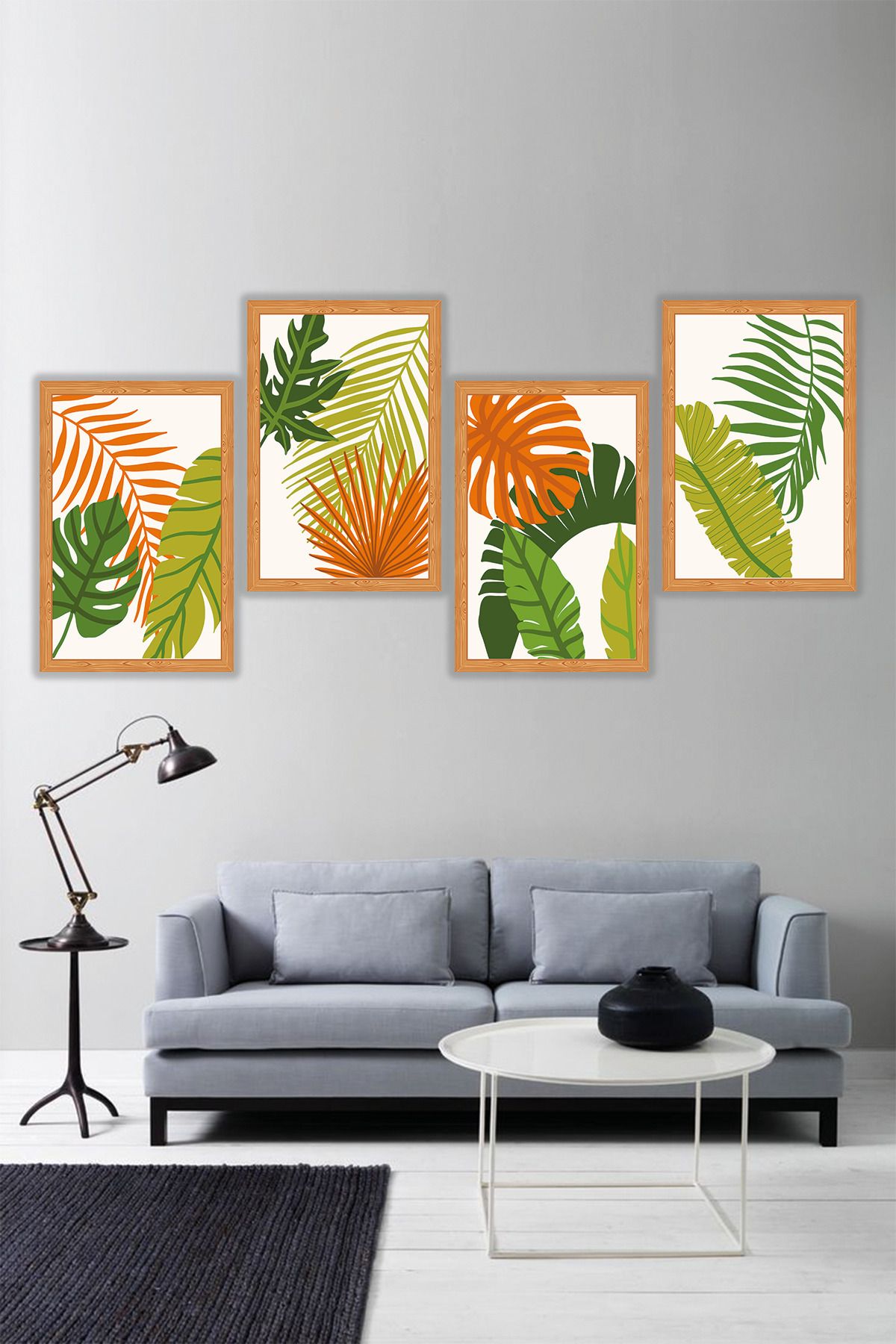 dekor artı Modern Boho Yapraklı Dekoratif Salon Tablosu Çerçeve Görünümlü 4 Parça Ahşap MDF Üzeri UV Baskı