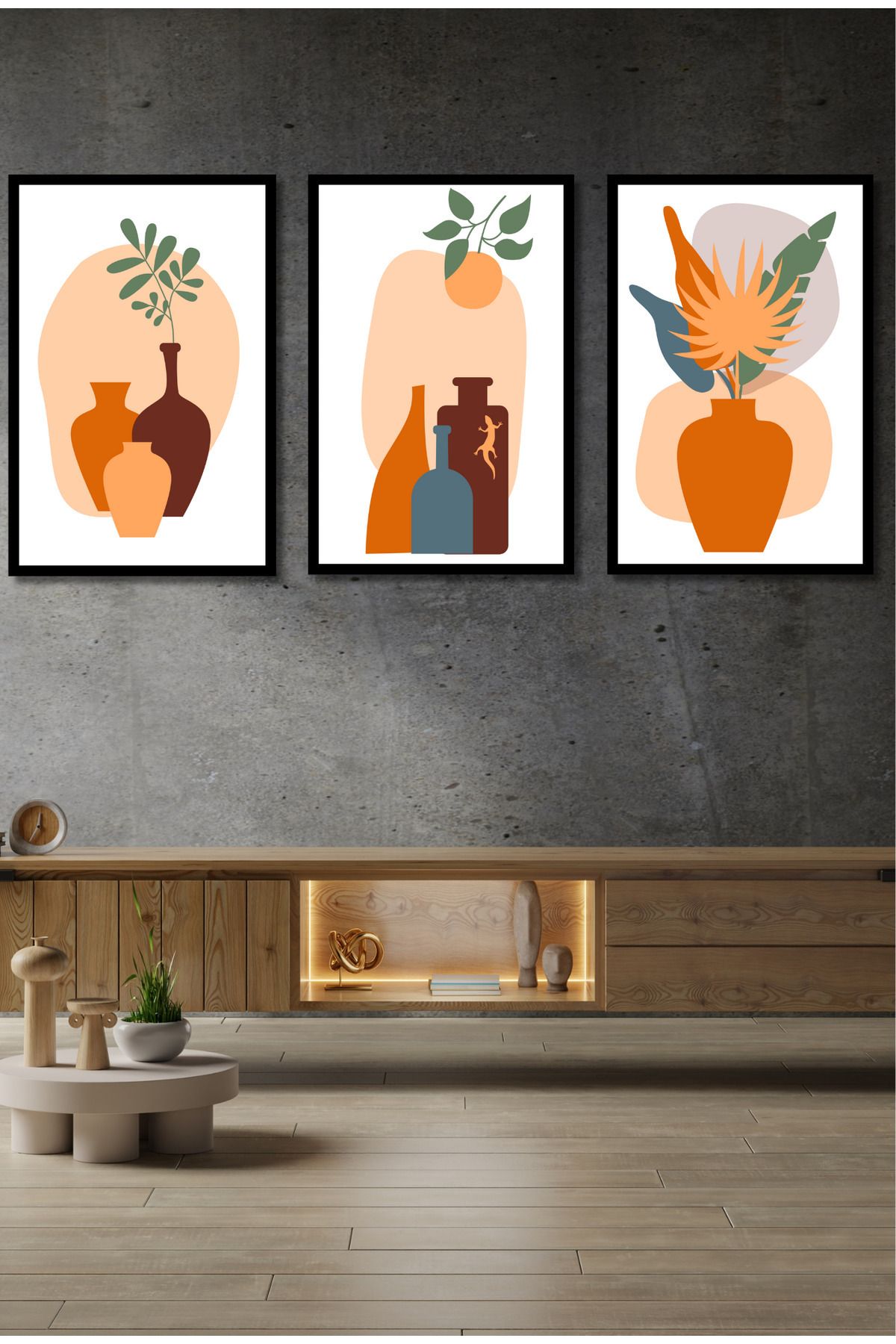 dekor artı Boho Vazo Salon Tablosu 3 Parça Çerçeve Görünümlü