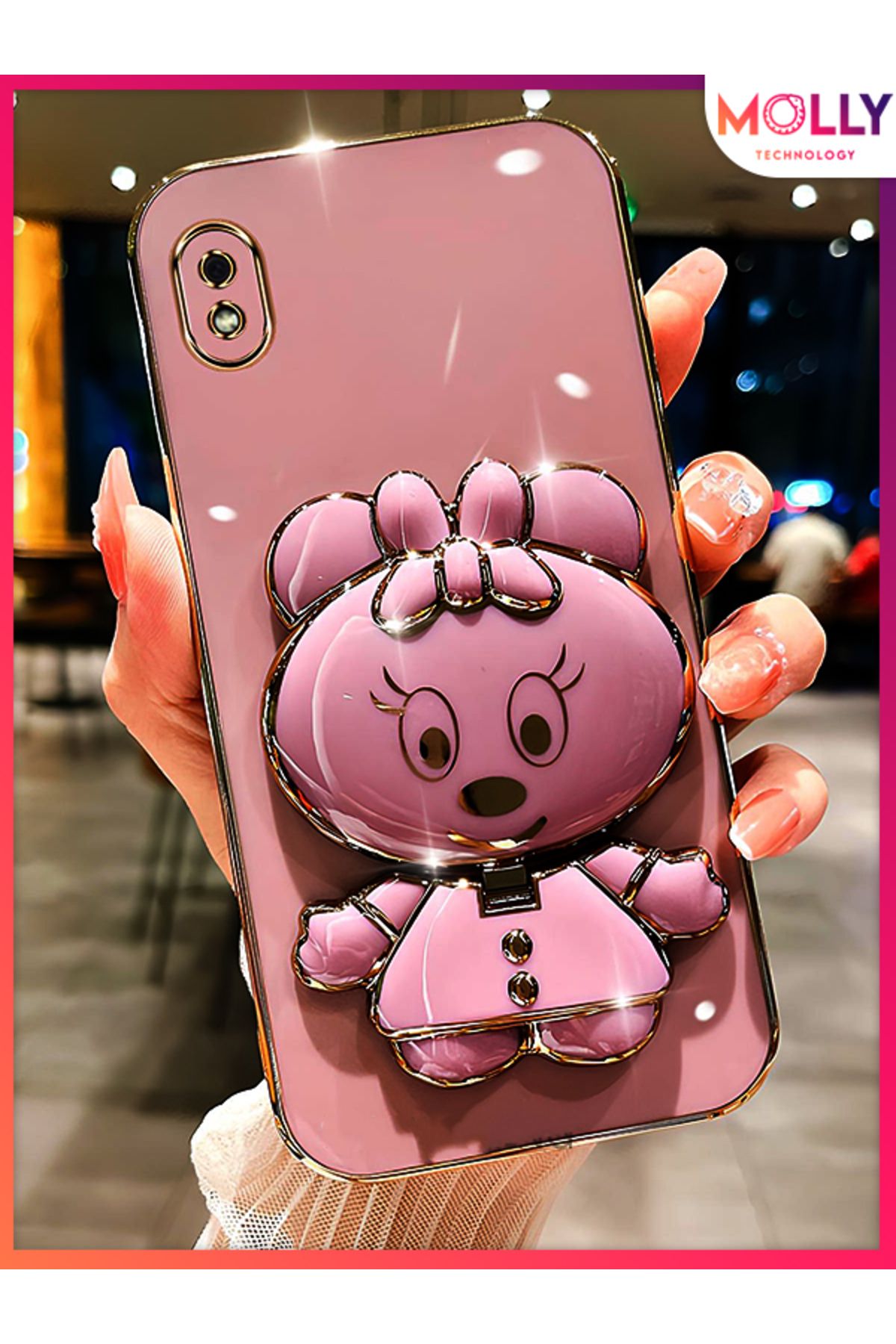 Molly Samsung Galaxy A10 İçin Lila Minnie Standlı Kenarları Gold Detaylı Lüks Silikon Kılıf