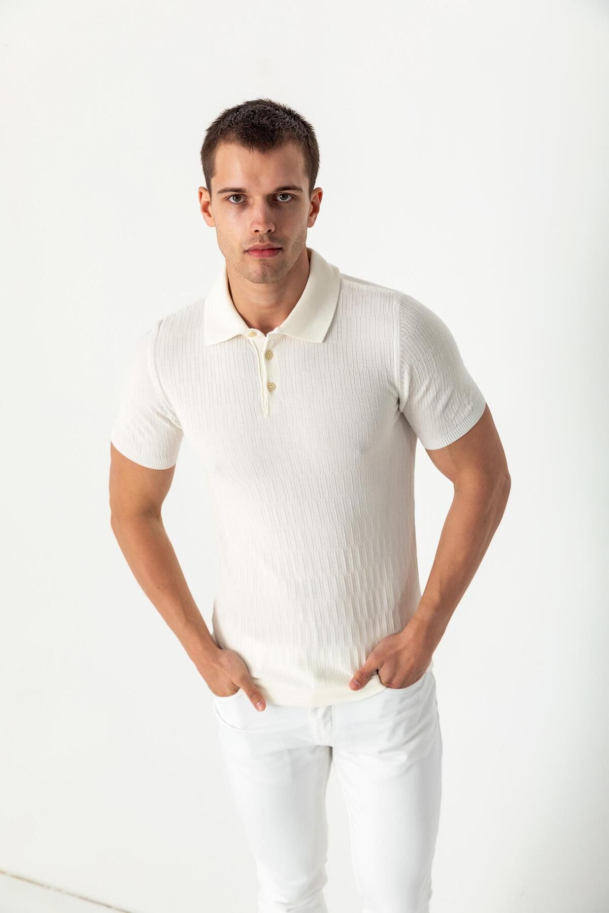 Cekmon Erkek Polo Yaka Kendinden Desenli Viscon Elit İplikten Triko T-shirt