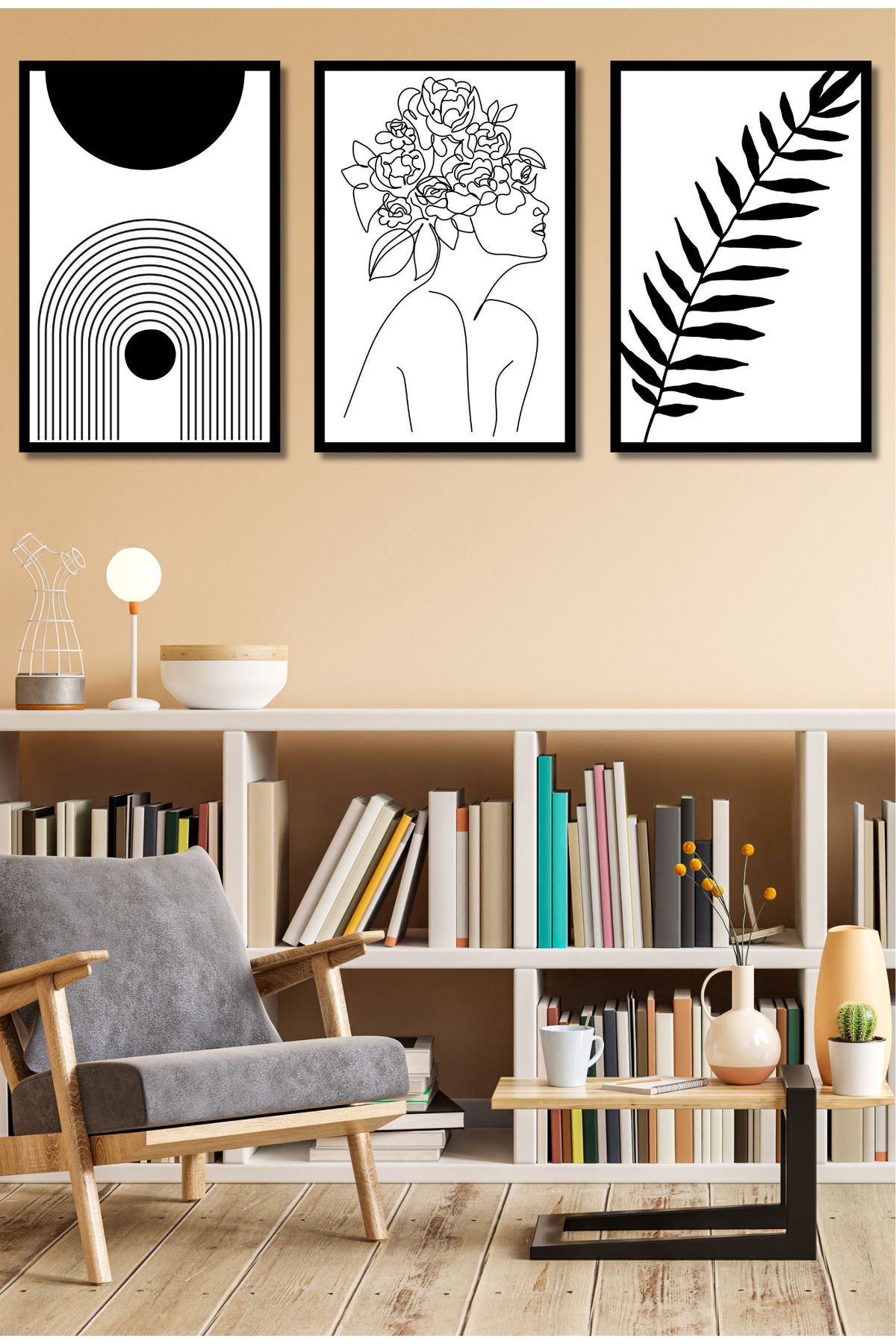 dekor artı 3 Parça Siyah Çerçeve Görünümlü Minimalist Tablo Seti