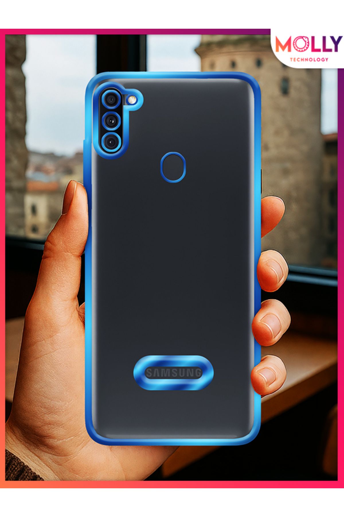 Molly Samsung Galaxy A11 İçin Kenarları Metalik Mavi Lens Koruyuculu Lou Lazer Şeffaf Silikon Kılıf