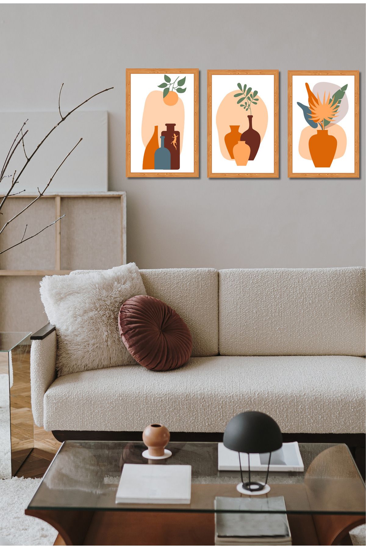 dekor artı Boho Vazo Salon Tablosu 3 Parça Çerçeve Görünümlü
