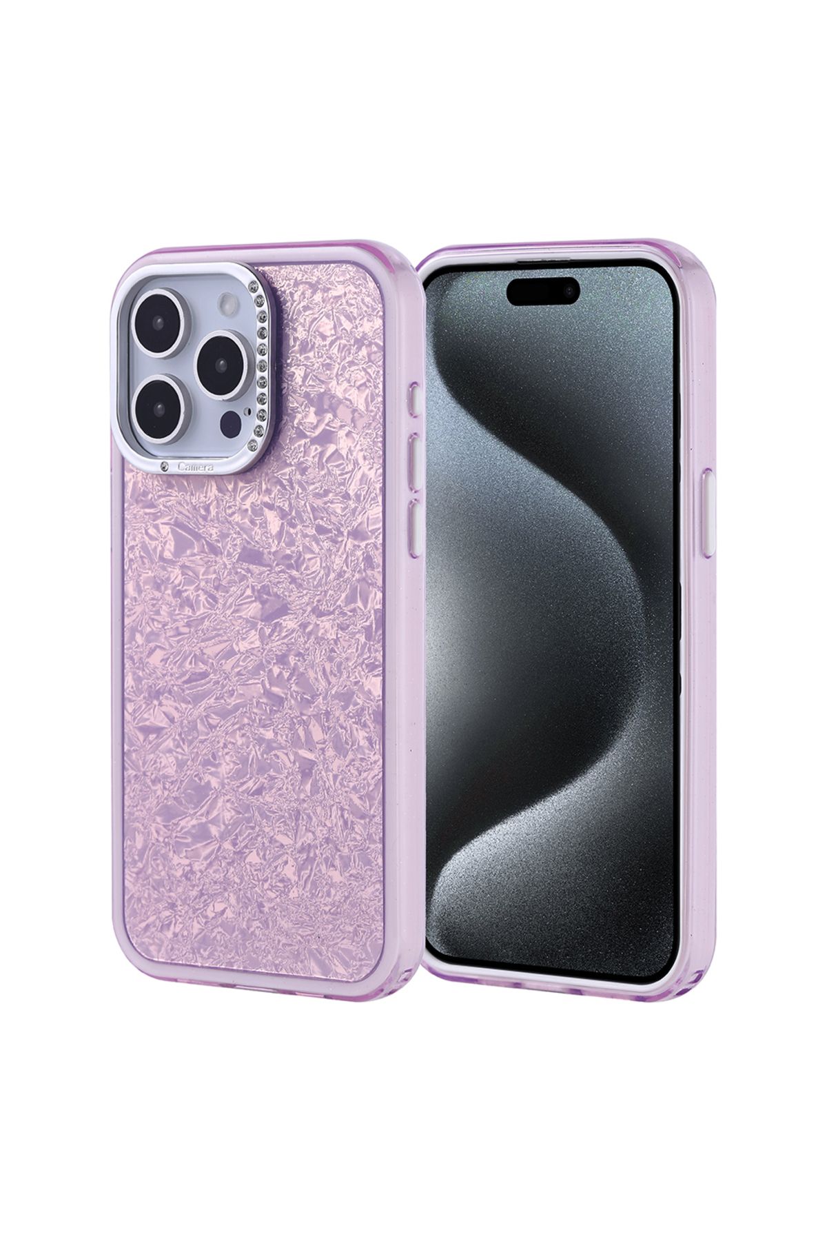 Strap U Apple iPhone 15 Pro Max Kırık Cam Efektli Işıltılı Kılıf Kamera Koruması Taşlı Tasarım Kapi Kapak