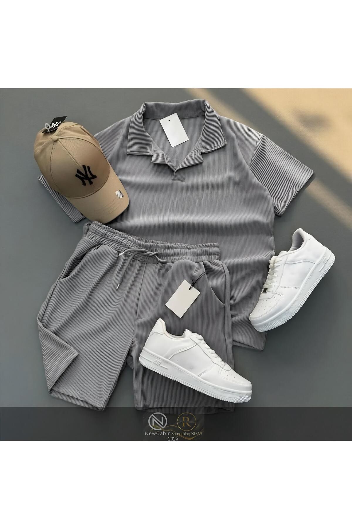 Risil-Nu Company Fitilli Ottoman Premium Kumaş Polo Yaka Unisex T-Shirt ve Şort Takım