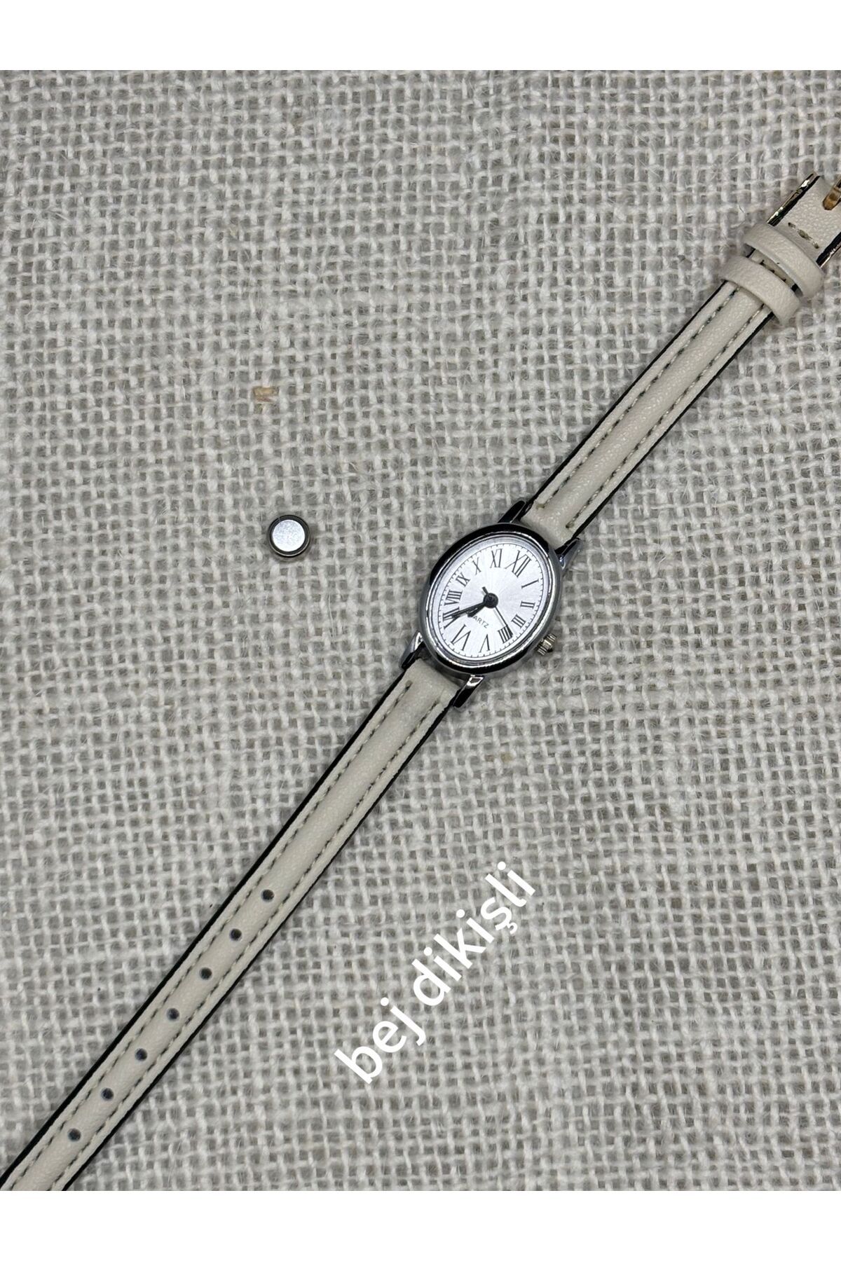 Brality Minimal Vintage Model Kadın Kol Saati Retro Model GÜMÜŞ Renk Kasa BEJ Kordon 0109