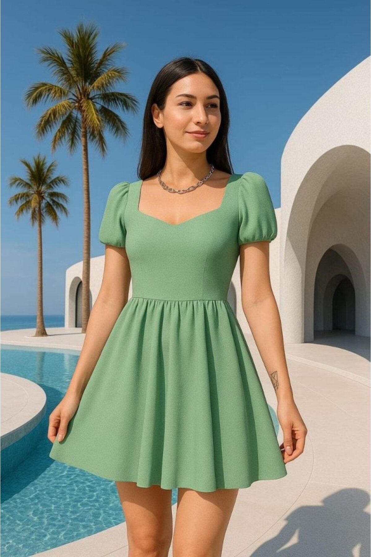 velmorafashion Kadın Dalgıç Kumaş Kalp Yaka Elbise