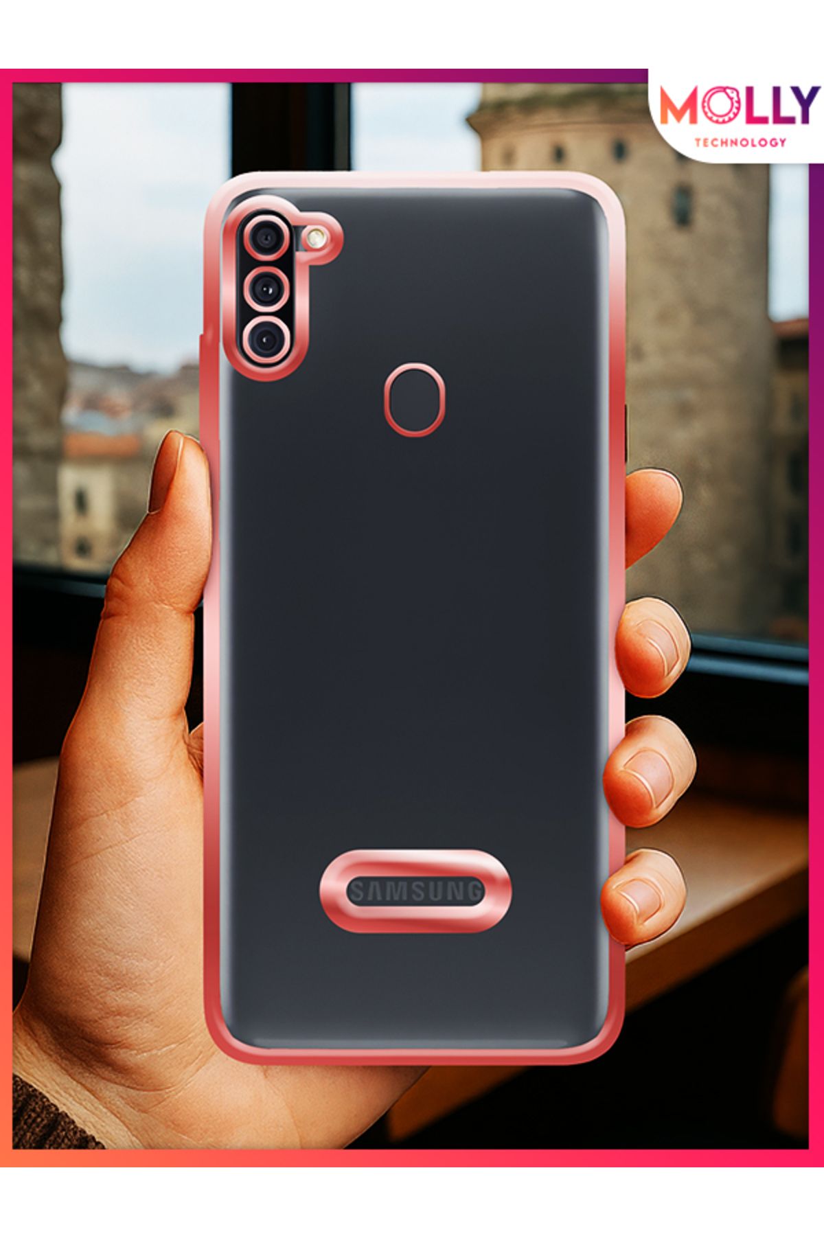 Molly Samsung Galaxy M11 İçin Kenarları Rose Lens Koruyuculu Lou Lazer Şeffaf Silikon Kılıf