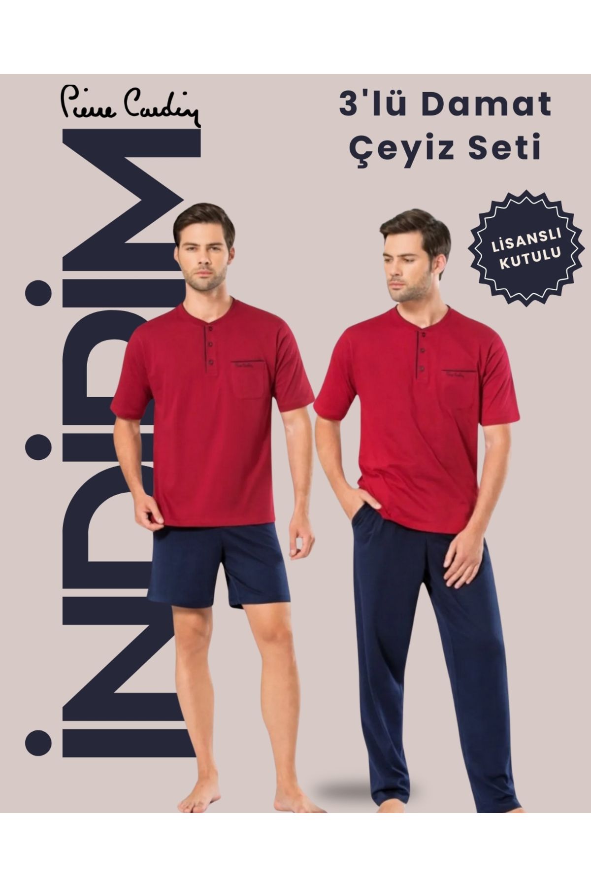 Pierre Cardin 3'lü Erkek Çeyiz Pijama Takımı- %100 Pamuklu, Kutulu