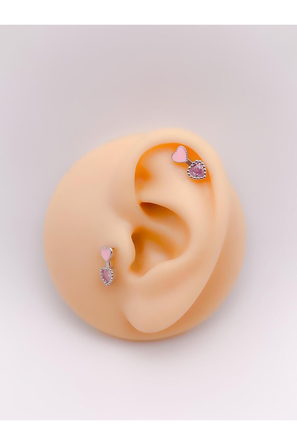 Trinos Cerrrahi Çelik Piercing ( Pirsing ) Pembe Mineli Kalpli Ok Tragus Helix Piercing (1adet)
