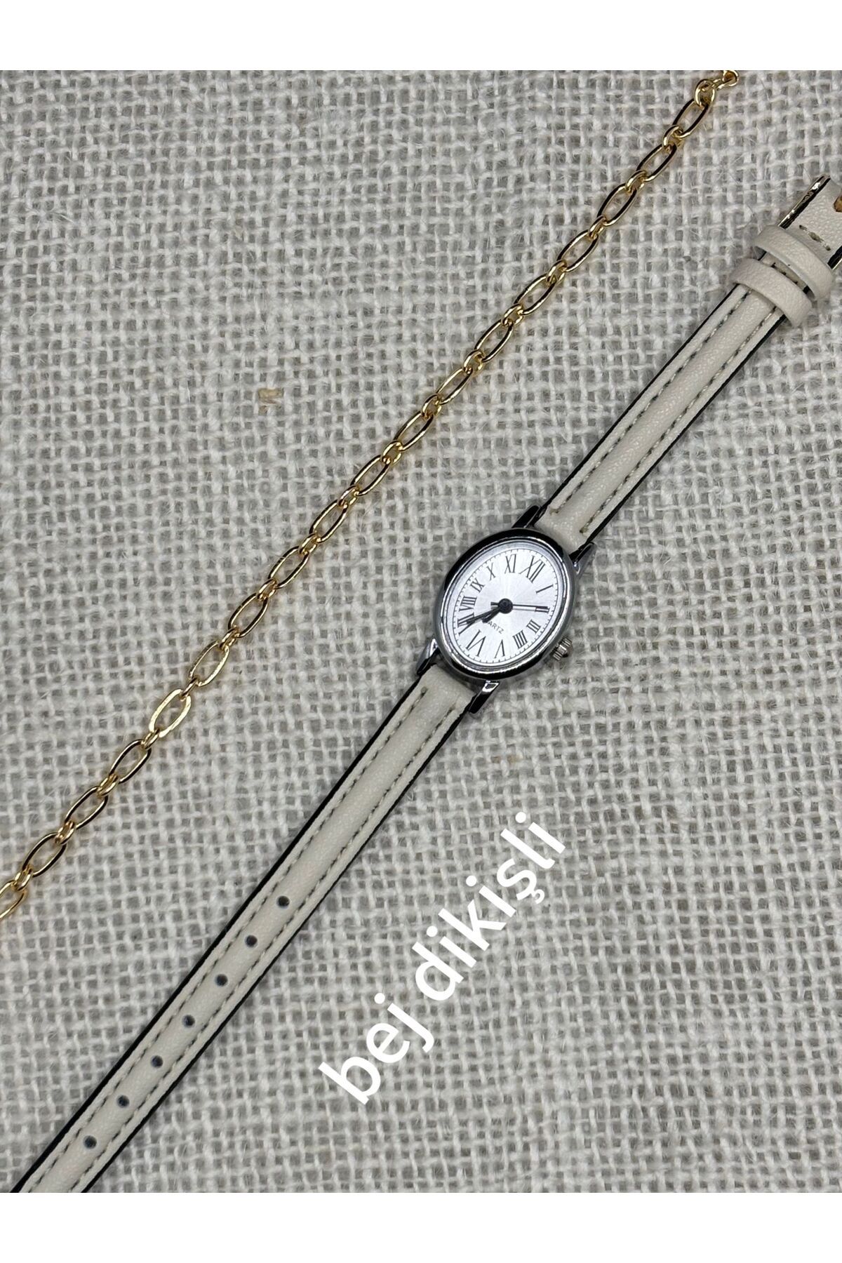 Brality Minimal Vintage Model Kadın Kol Saati Retro Model GÜMÜŞ Renk Kasa BEJ Kordon 0109