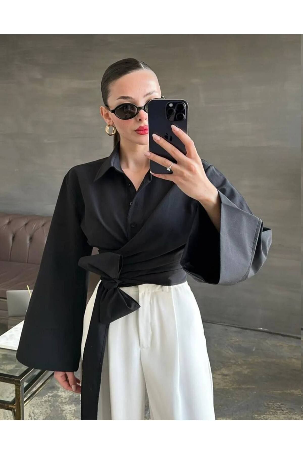 Ahzem Collection Crop Belden Bağlamalı Tasarım Gömlek