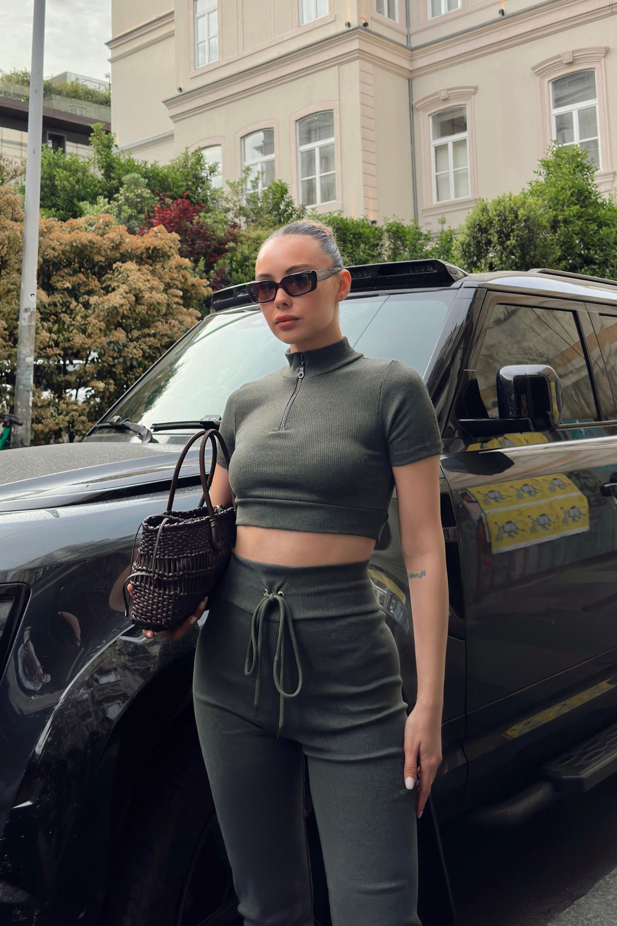 Siner Fashion Kadın Haki Fermuar Detaylı Crop Tayt Takım