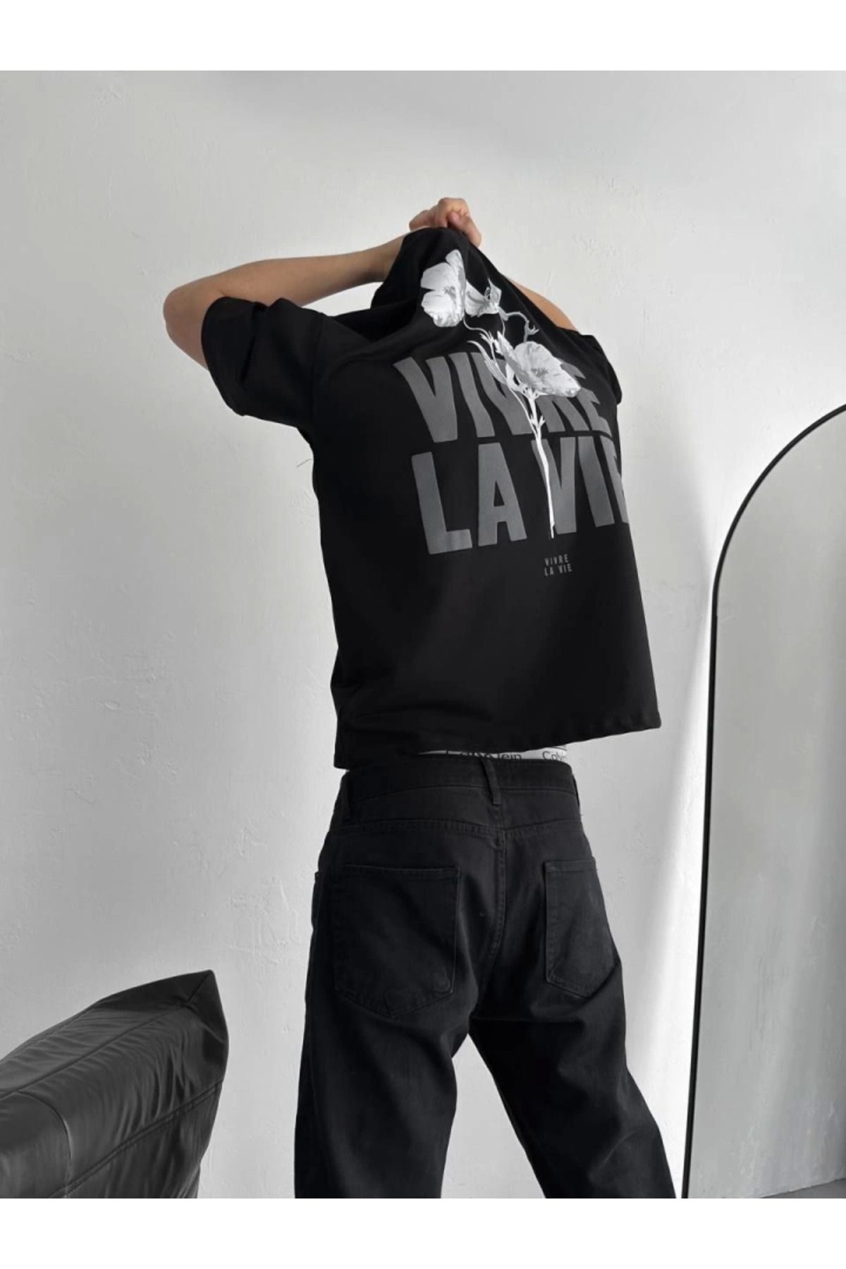 ARUZ MODA Baskılı Oversize Bisiklet Yaka T-shirt - Siyah