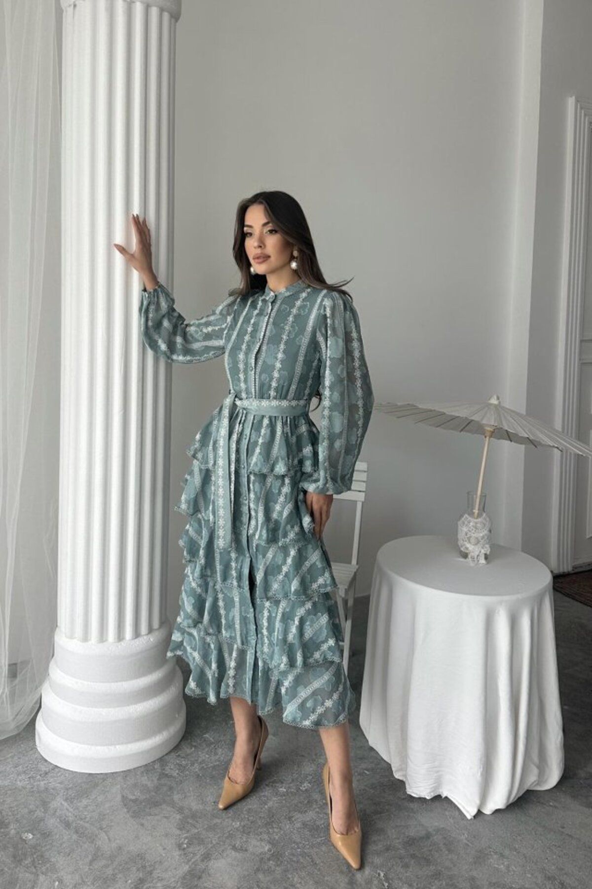 velmorafashion Mint Uzun Volanlı Elbise