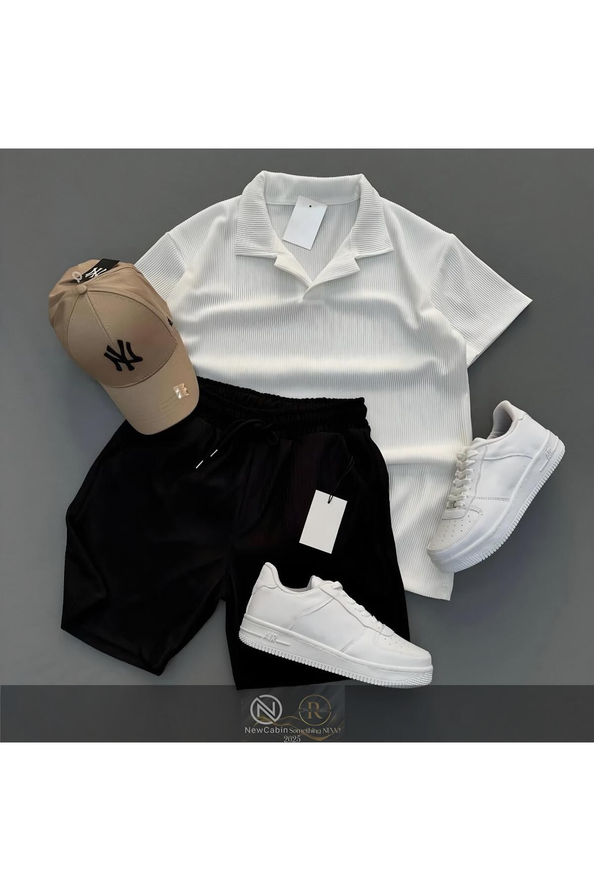 NewCabin Fitilli Ottoman Premium Kumaş Polo Yaka Unisex T-Shirt ve Şort Takım