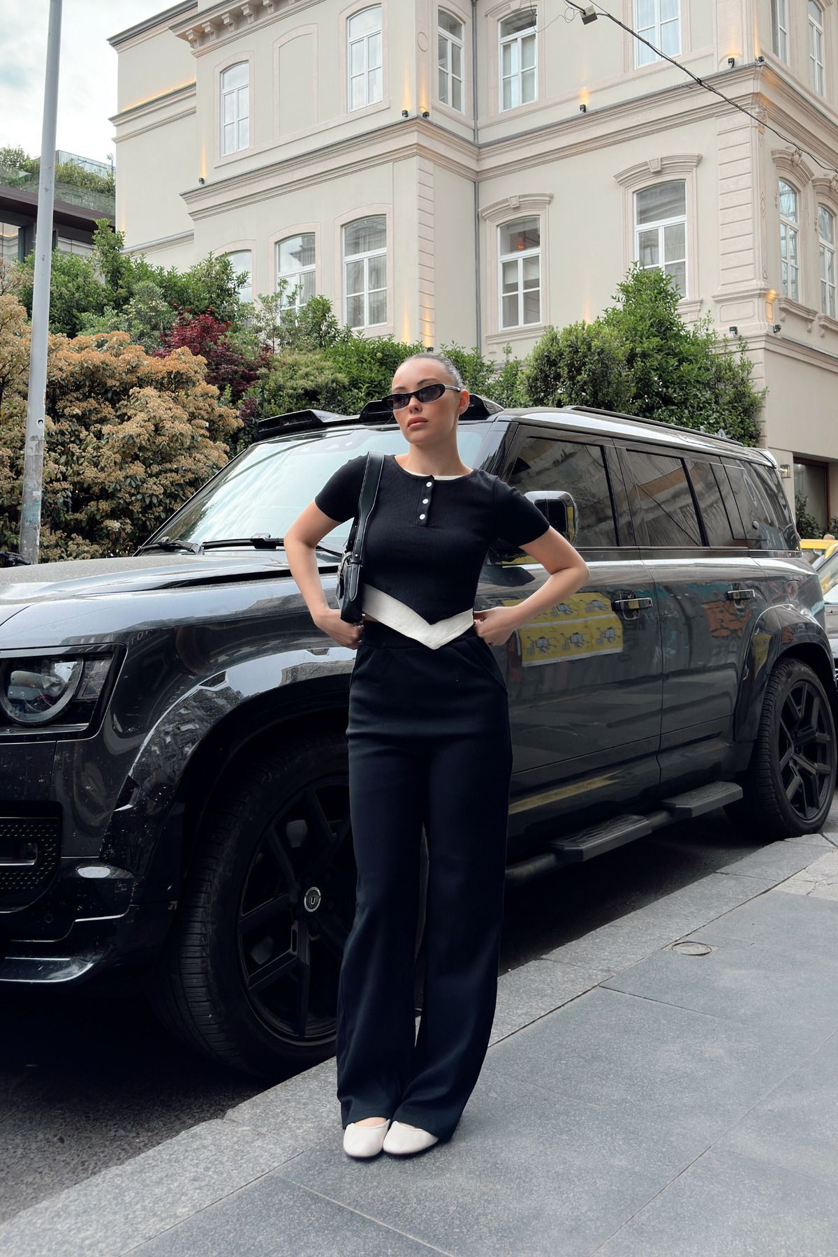 Siner Fashion Kadın Siyah Düğme Detaylı Bluz Yüksek Bel Pantolon Takım