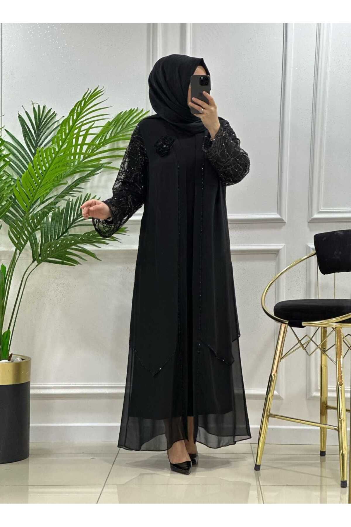 masalabiyem 7203 K 300 SİYAH GÜL BROŞLU ŞİFON ABAYA TAKIM
