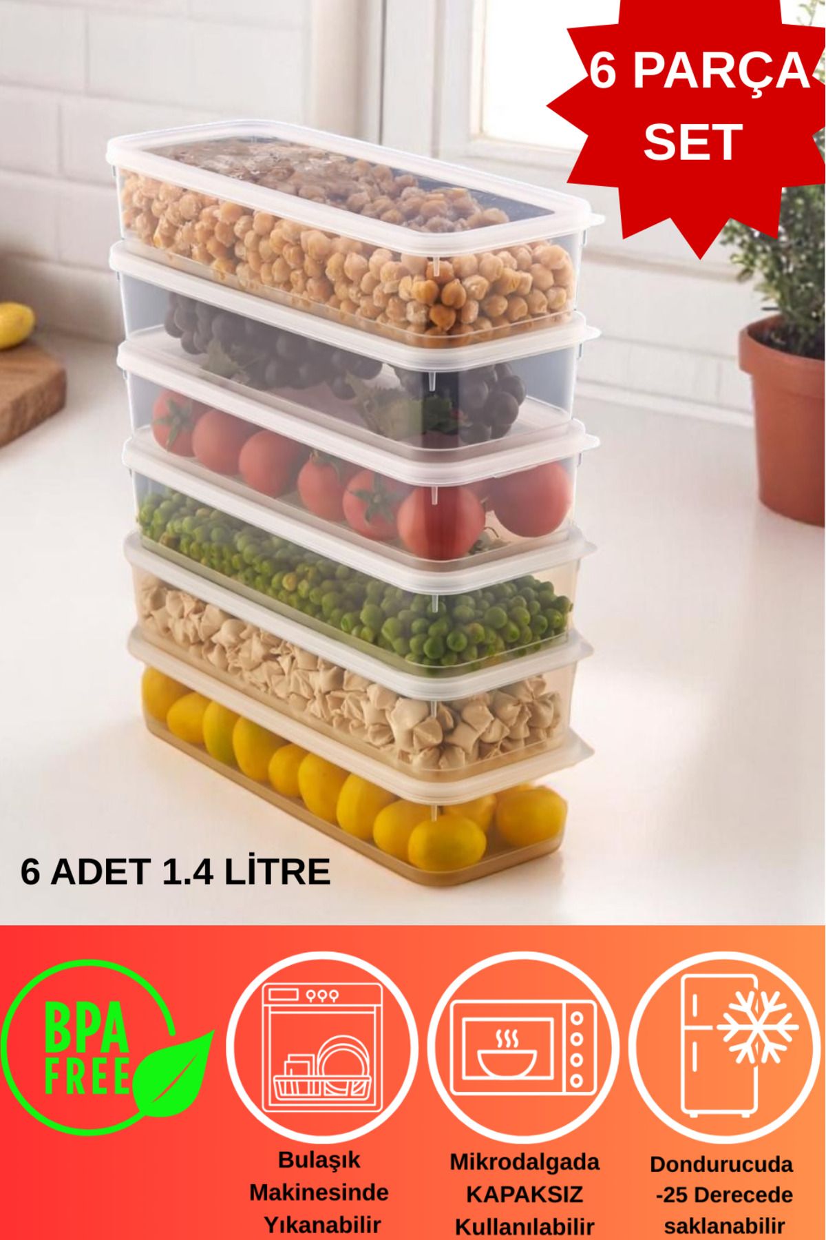 DOVİ HOME 6 Adet Vakumlu Sızdırmaz Saklama Kabı Seti 1400ml | Şeffaf | Buzdolabı Düzenleyici