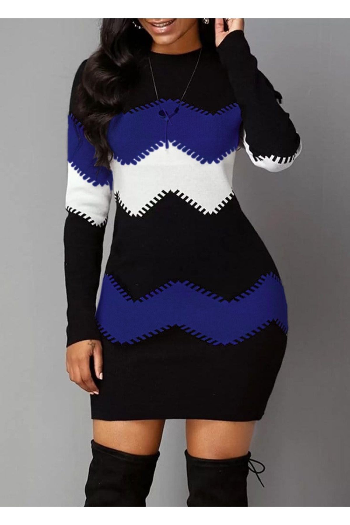 ARUZ MODA Kadın Uzun Kollu Zigzag Desen Triko Elbise