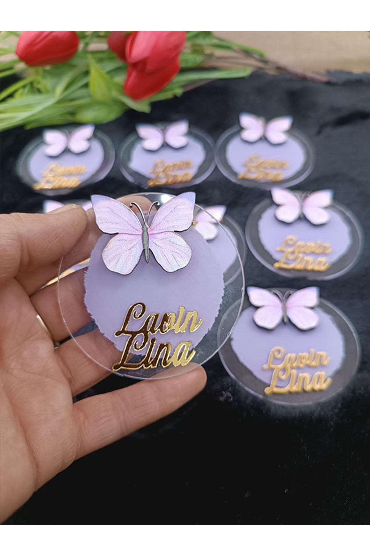 Elzem Ahşap Pleksi Lila Kelebekli Magnet 20 Adet