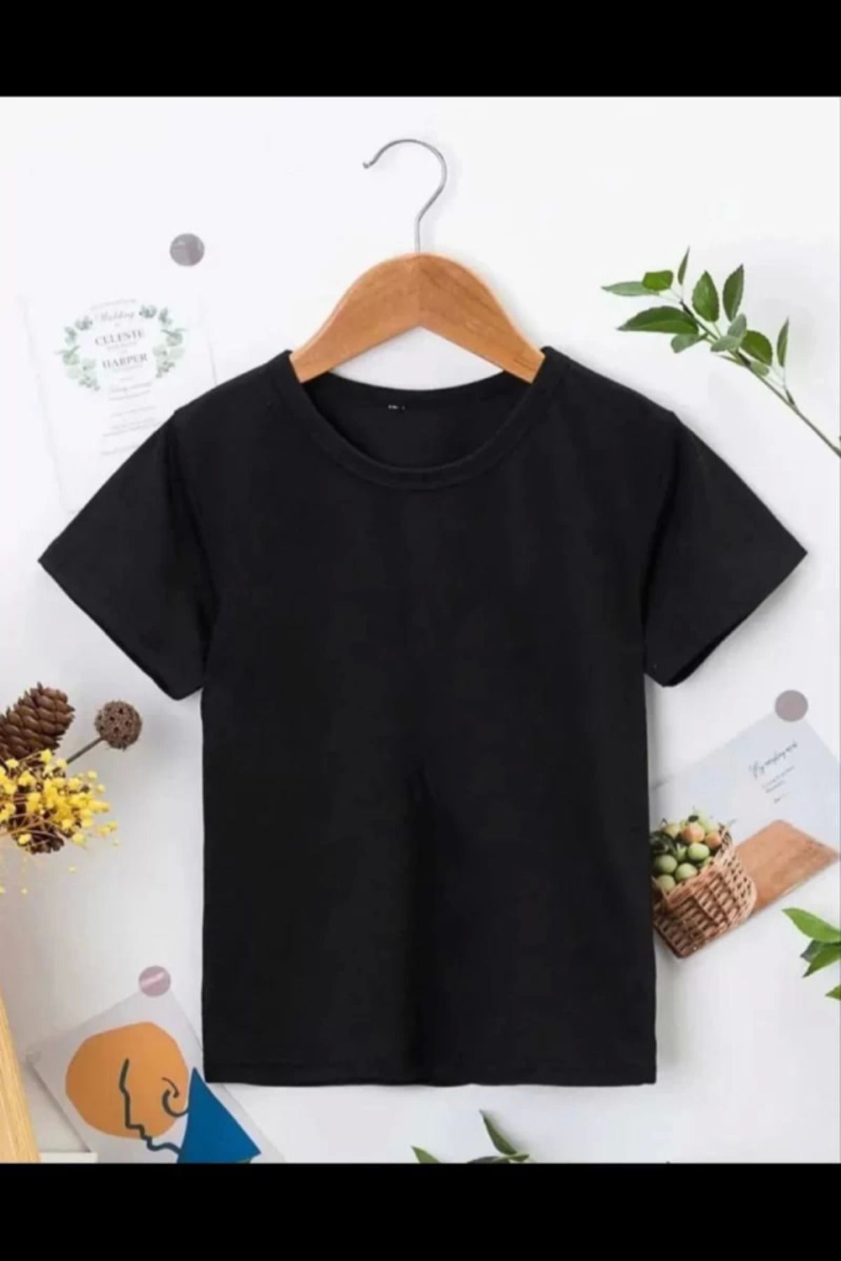 ARUZ MODA Çocuk Unisex Kapüşonlu Özel Tasarım Basic Tshirt - Siyah