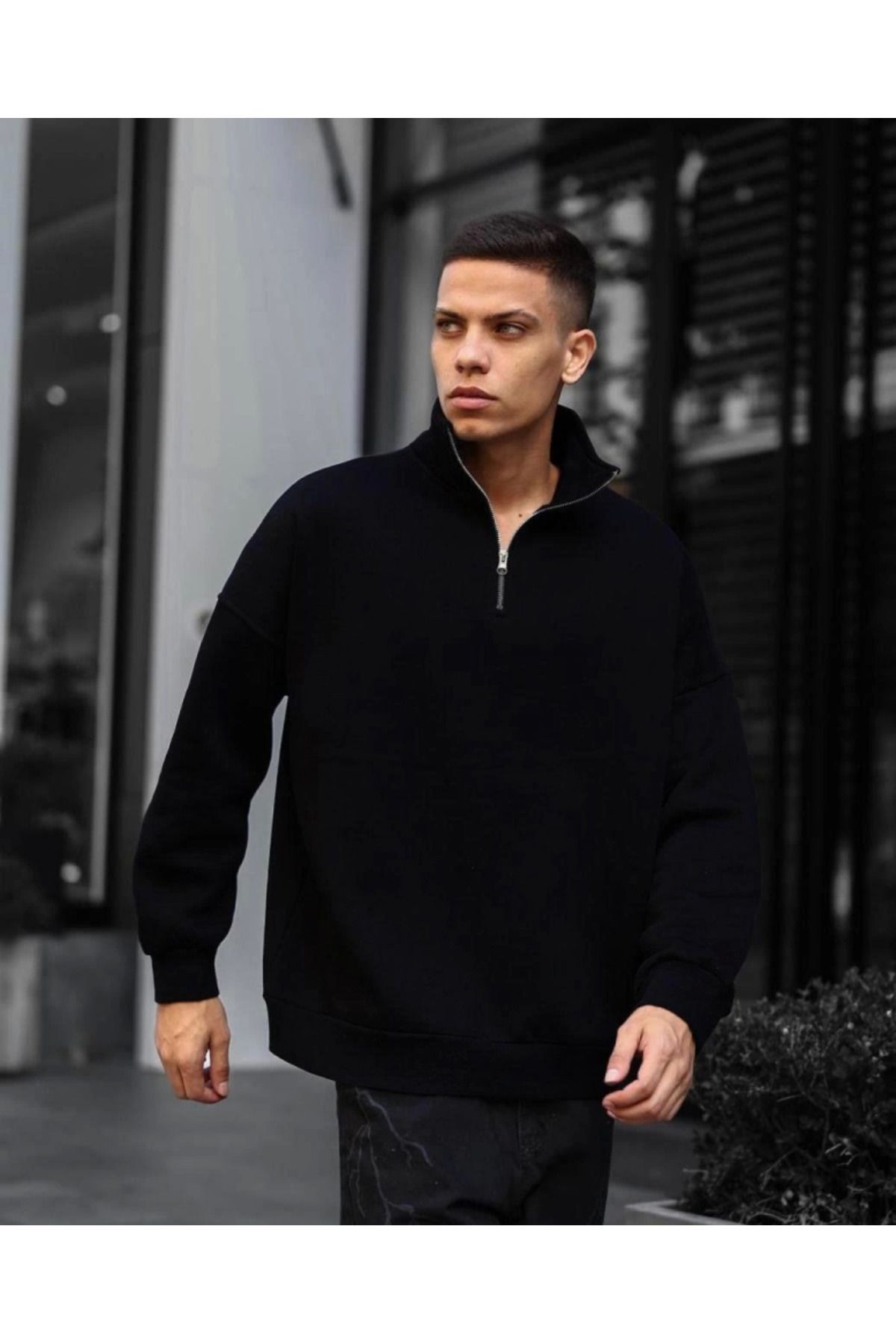 ARUZ MODA Erkek Yarım Fermuarlı Üç İplik Sweatshirt - Siyah