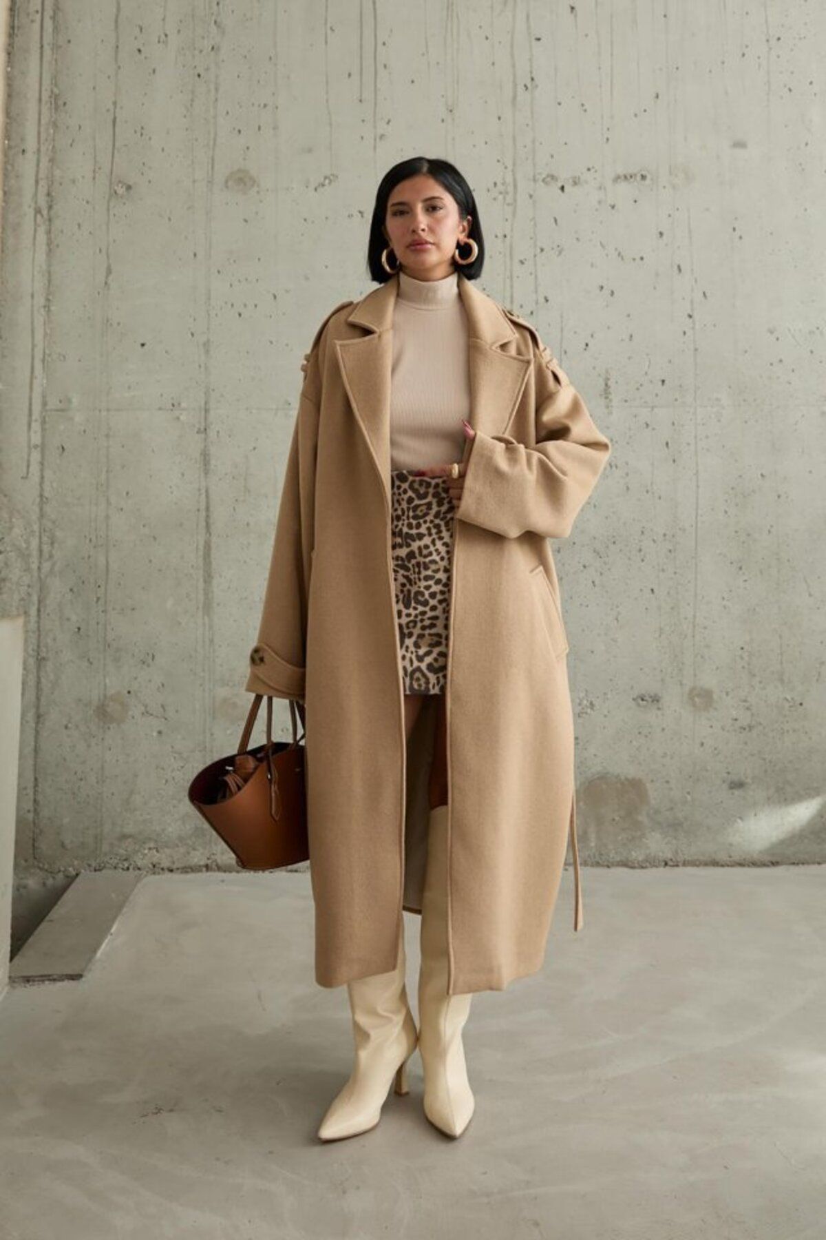 ARUZ MODA Camel Uzun Kaşe Kemerli Kaban