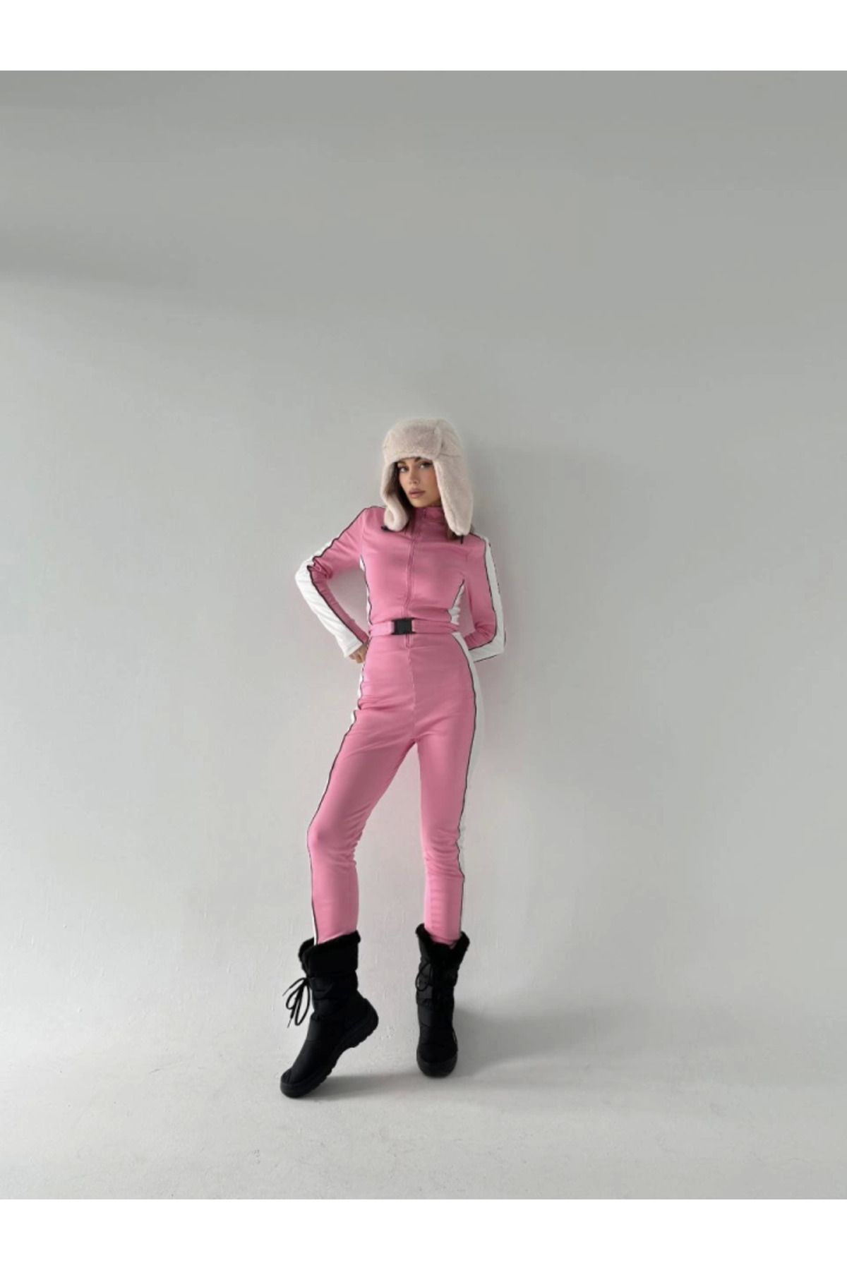 ARUZ MODA Kemer Detaylı Fermuarlı Tulum - Pembe