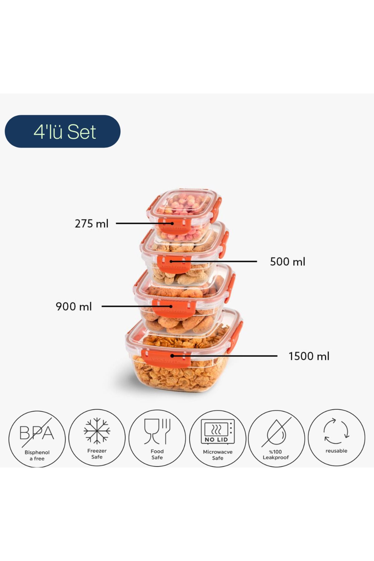 Canbaz Home 5'li Kilitli Kapaklı Saklama Kabı Seti (275-500-900-1500 ml)