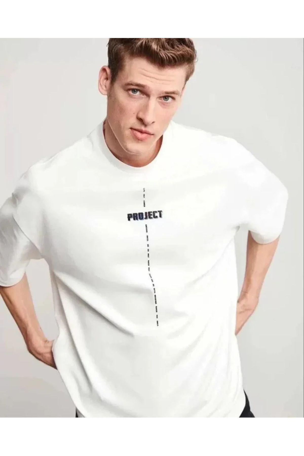 ARUZ MODA Unisex Bisiklet Yaka Baskılı Oversize T-Shirt - Beyaz