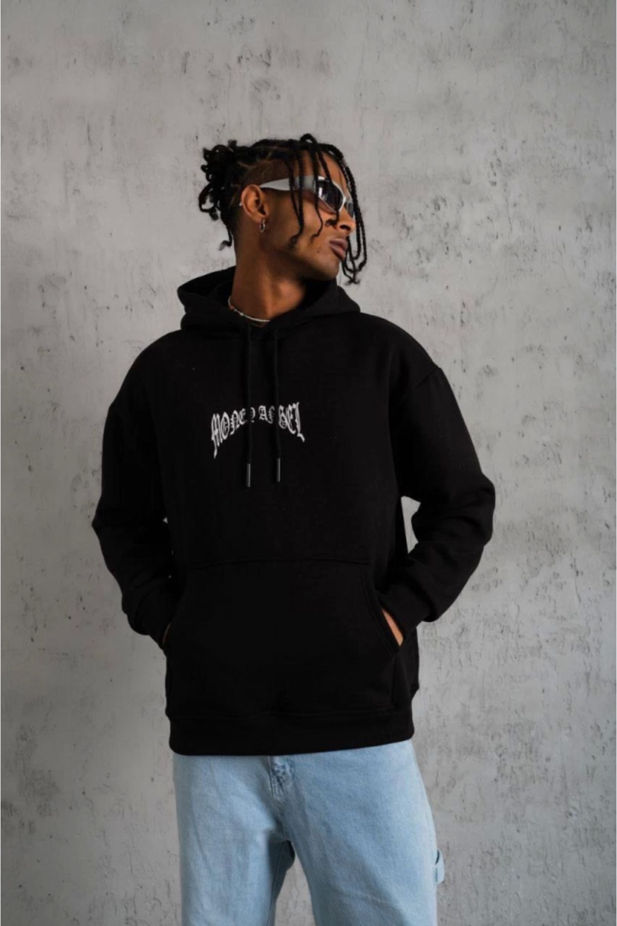 ARUZ MODA Erkek Kordon İpli Baskılı Kapüşonlu Sweatshirt - Siyah