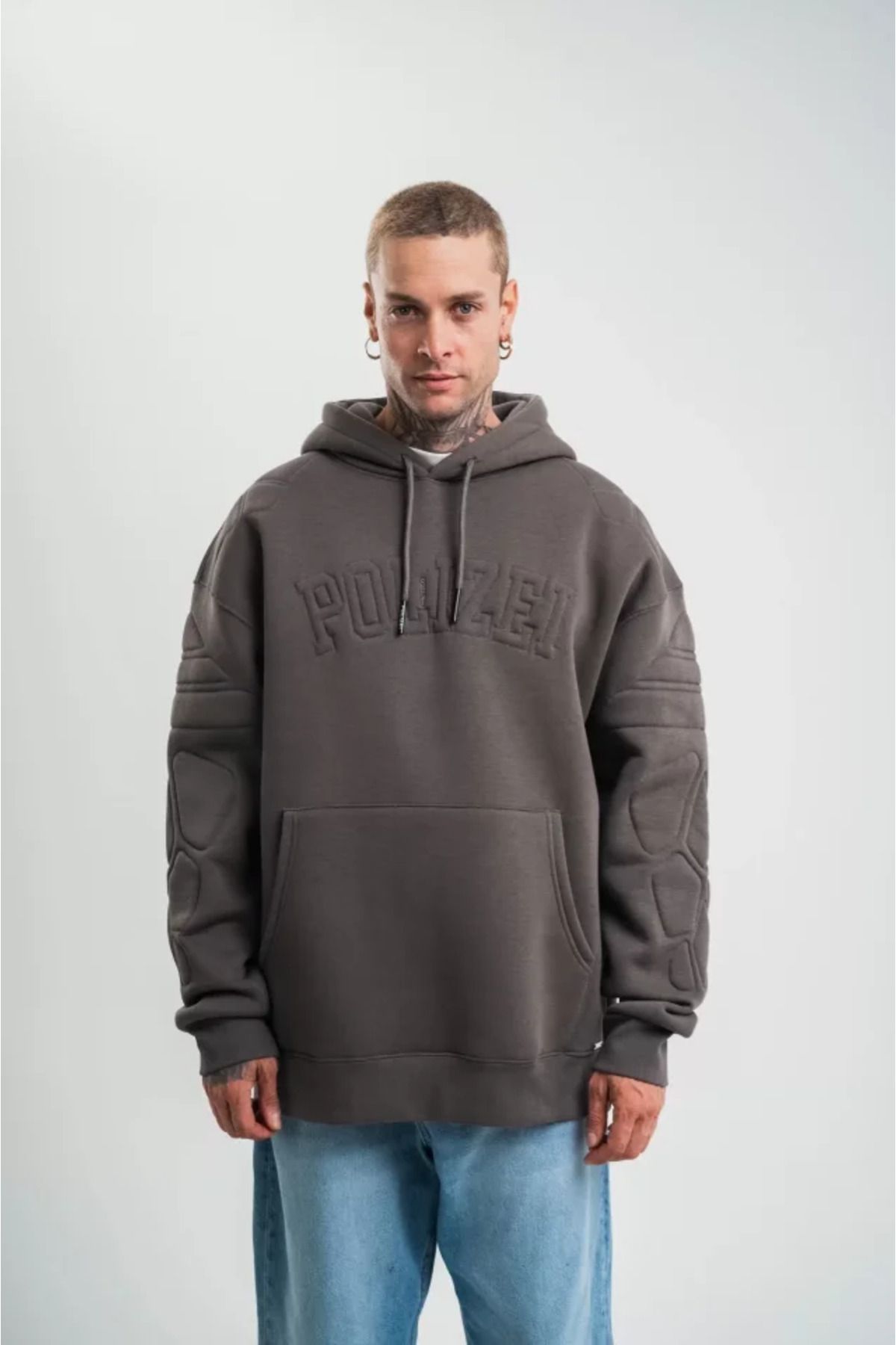 ARUZ MODA Double Oversize Kapşonlu Nakışlı SweatShirt - Füme