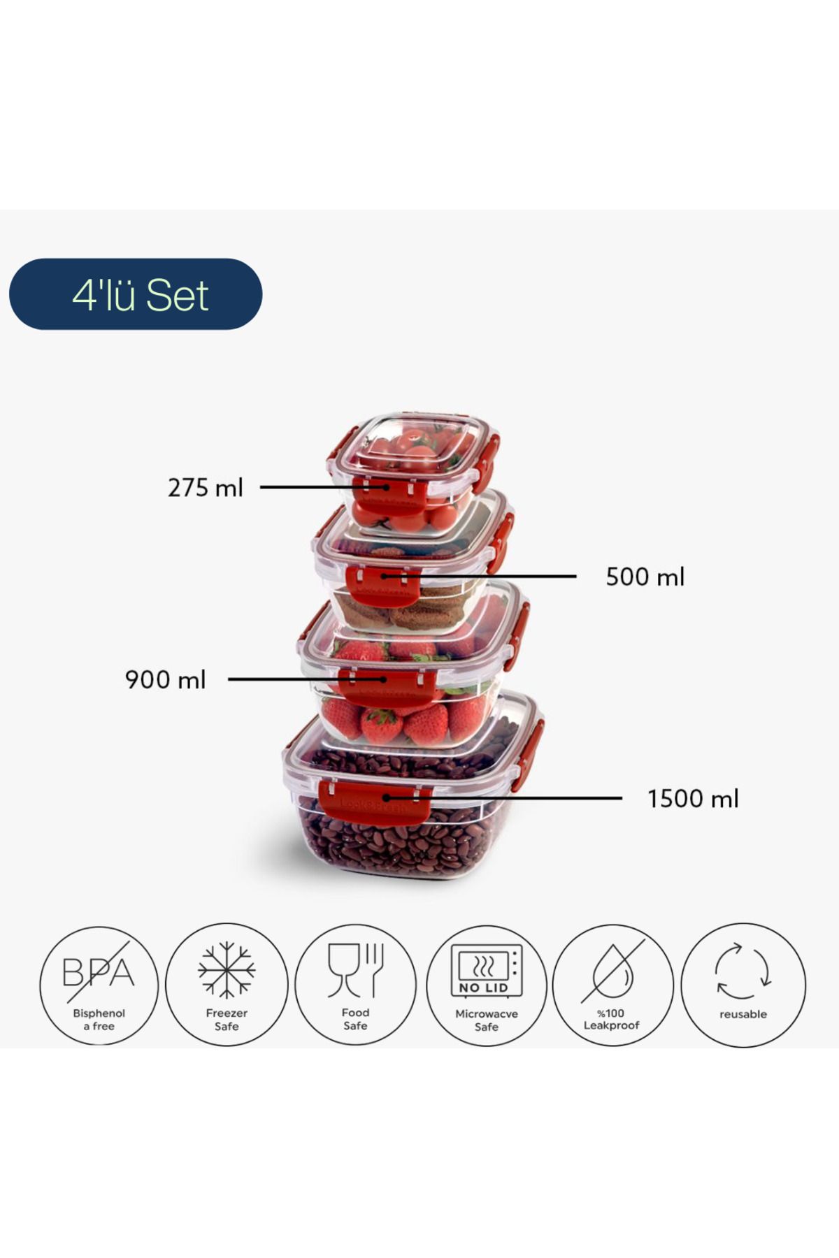 Canbaz Home 5'li Kilitli Kapaklı Saklama Kabı Seti (275-500-900-1500 ml)