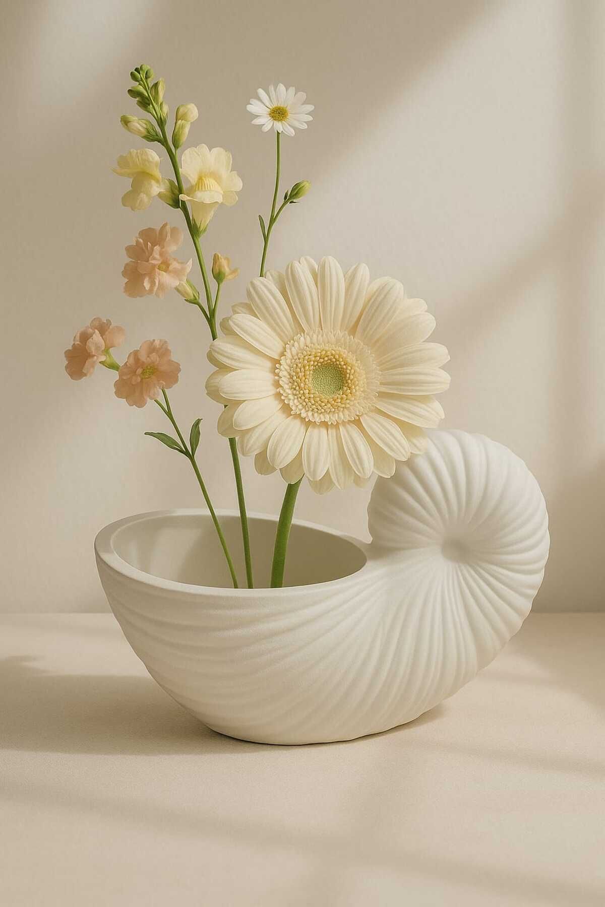 Decolyra Salyangoz Dekorlu El Yapımı Dekoratif Saksı – Şık Tasarım (13 x 8 cm) 01291dec Beyaz