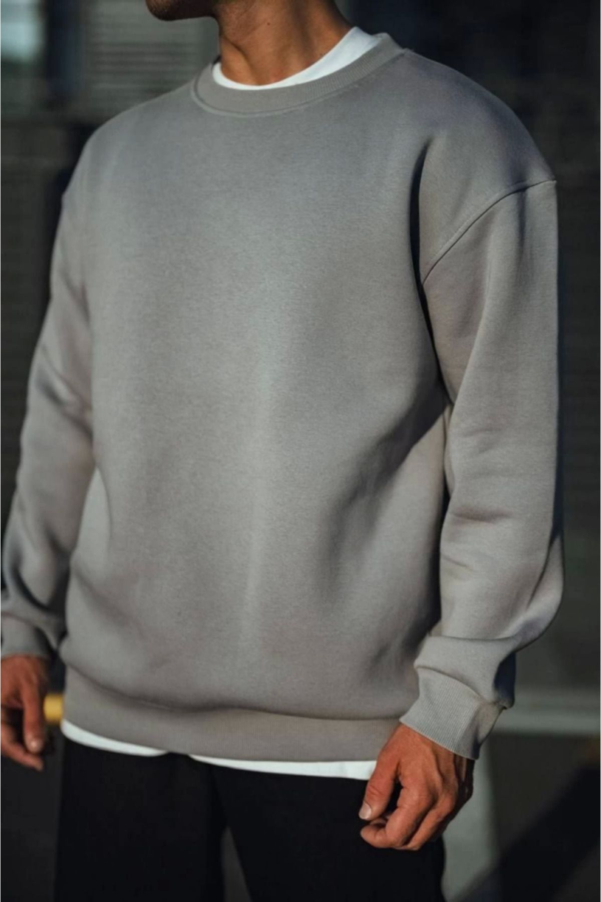 ARUZ MODA Kışlık Bisiklet Yaka Üç İplik Basic SweatShirt - Boyalı Gri