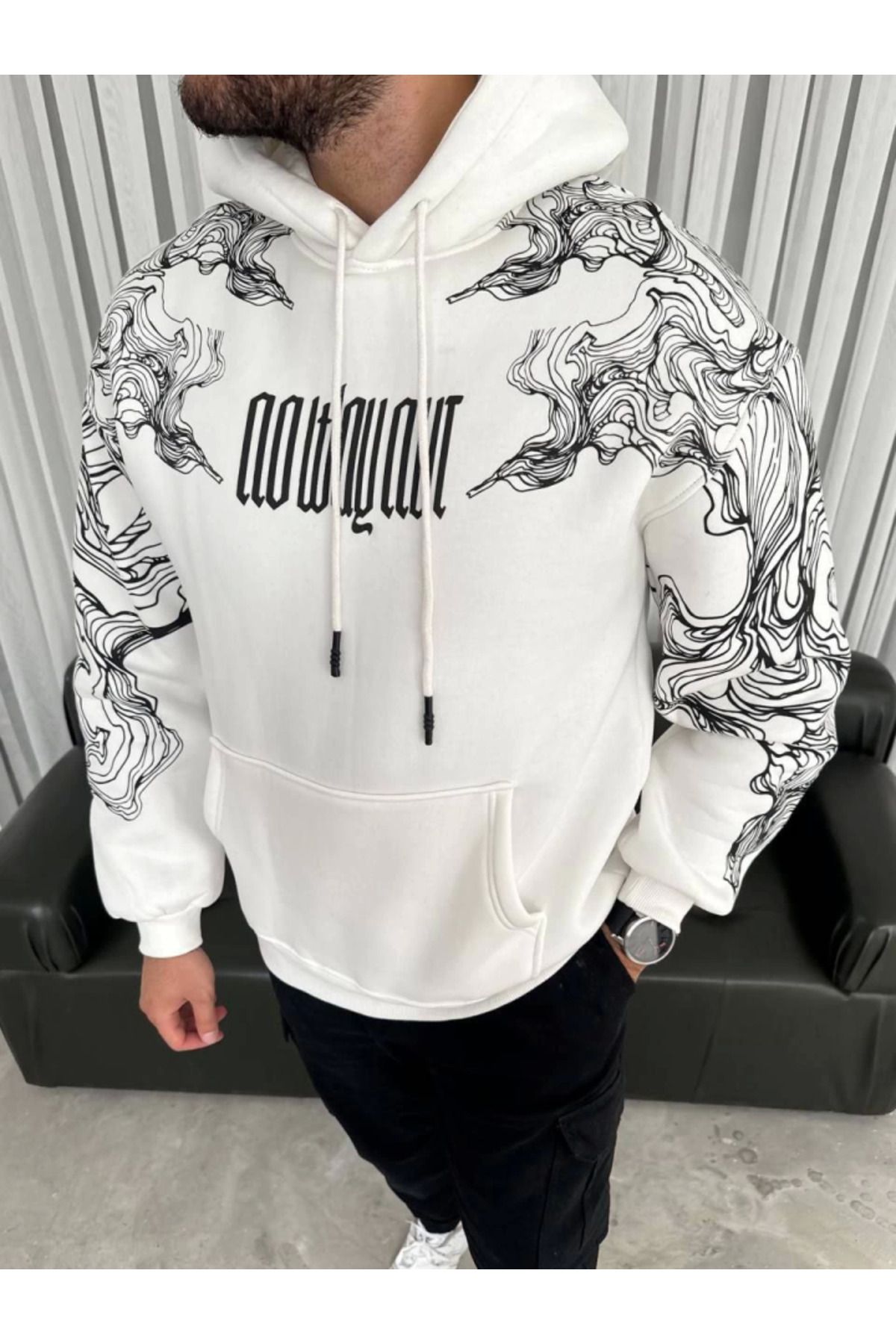 ARUZ MODA Kapşonlu Üç İplik Baskılı SweatShirt - Beyaz