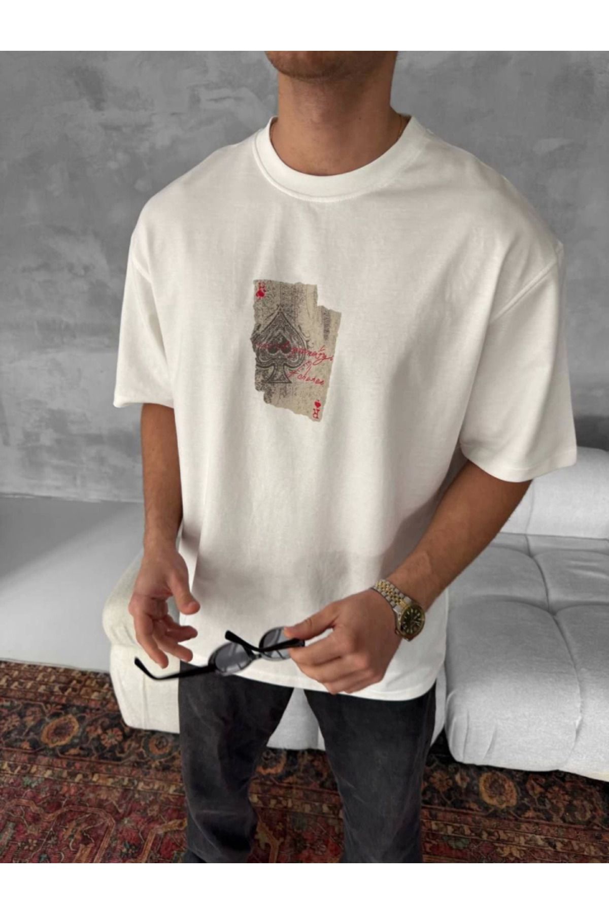 ARUZ MODA Erkek Ön Ve Arka Baskılı Oversize Bisiklet Yaka T-shirt - Beyaz